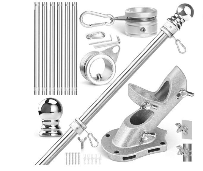 anovo flag pole kit- upgraded holder, stainless steel 7 ft flag poles with1 inch metal 360° rotating flag pole rings two-position flag pole bracket mounting for outside house porch, white