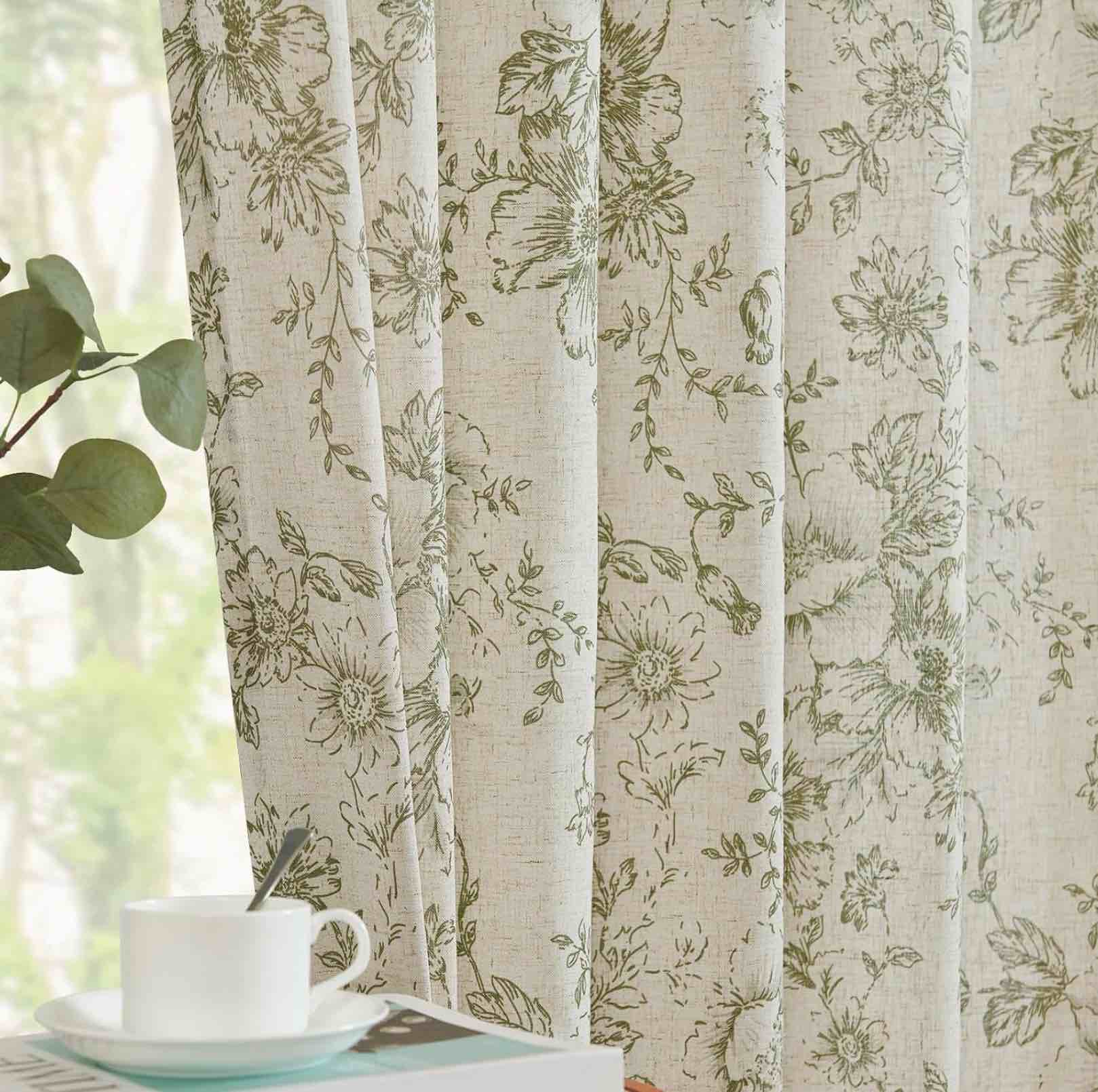 jinchan linen floral curtains 63 inch length for living room bedroom light filtering farmhouse peony flower drapes rustic window curtain set rod pocket back tab 2 panels green alice green 38\"w x 63\"l (pack of 2)