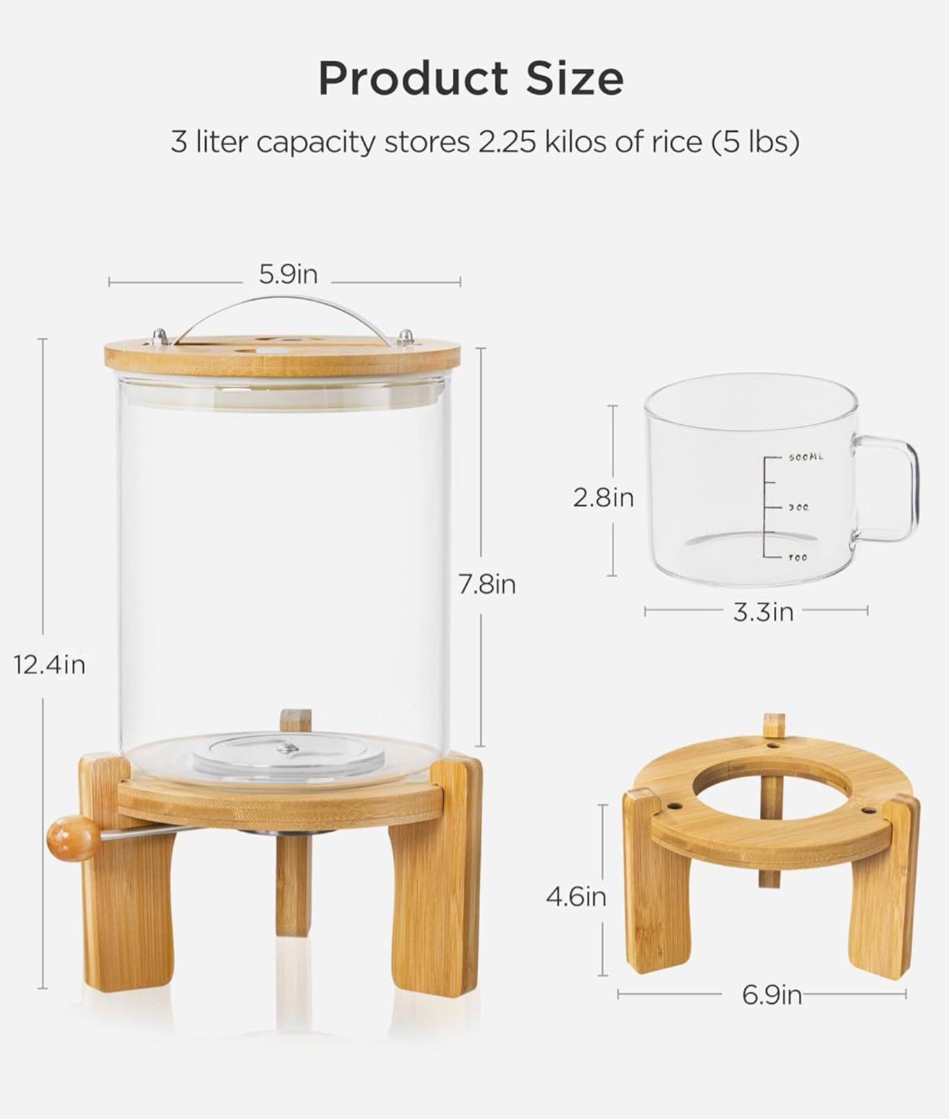 hblife 5-7 lbs glass rice dispenser with wooden stand flour and cereal container with glass measuring cup pantry food organization storage bin with airtight bamboo lid, 3l