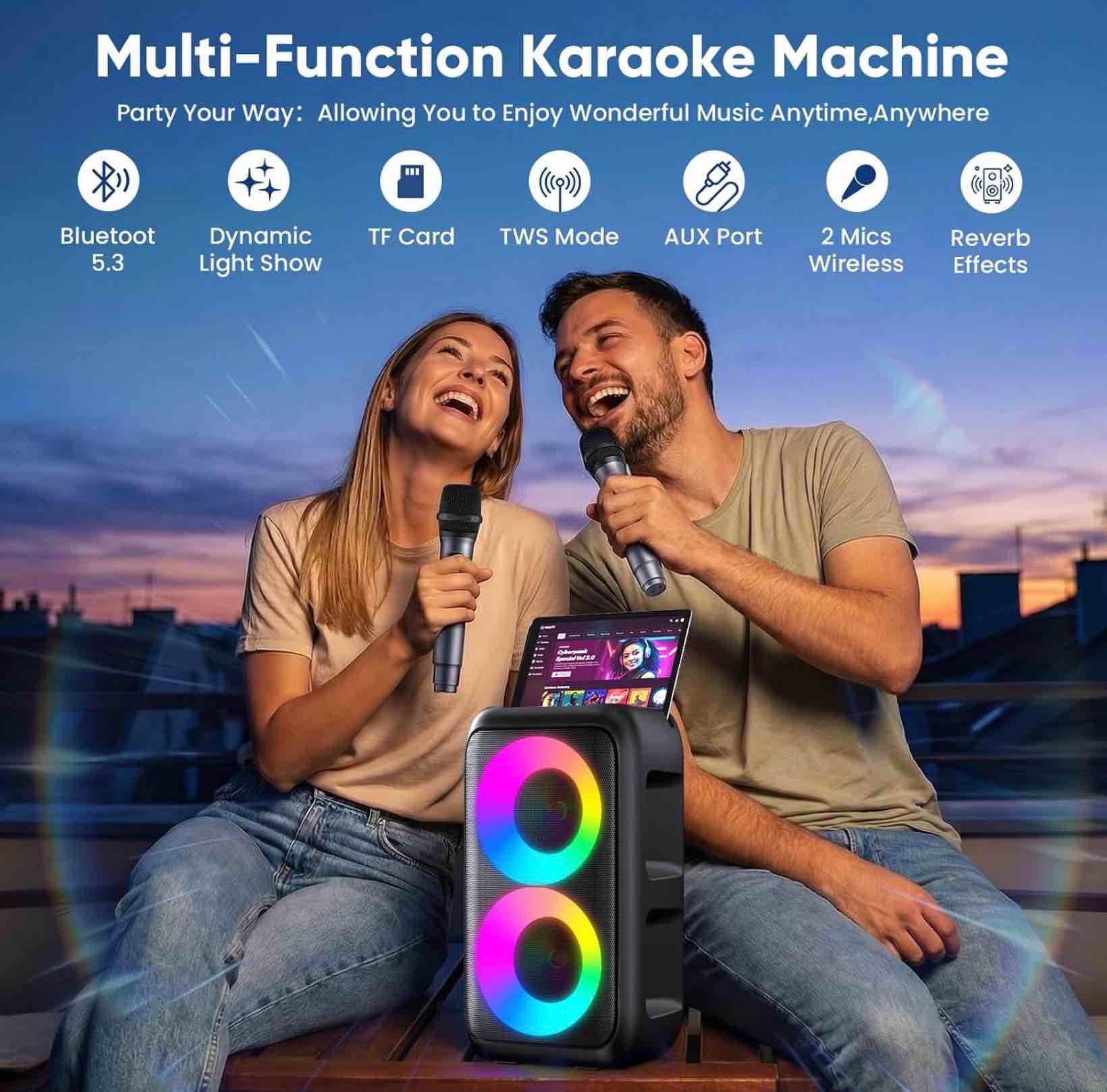 karaoke machine for adults kids, portable bluetooth speaker with 2 wireless microphones, tws mode & led light, 10h battery pa system, home party outdoor camping birthday gifts (black) 2 mics