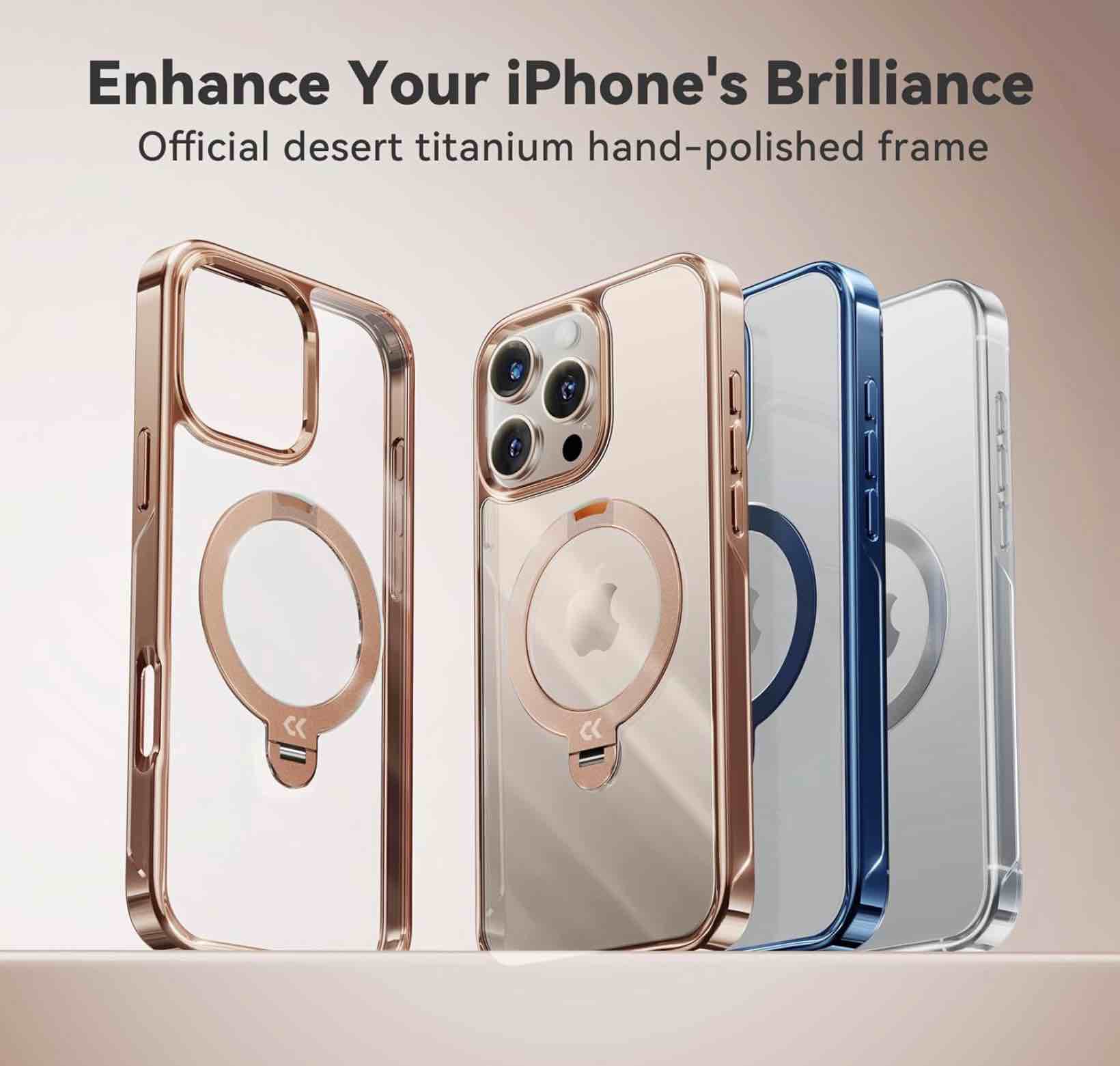 casekoo 360 spin magnetic stand for iphone 16 pro case desert titanium [compatible with magsafe][16ft military protection] slim smooth hand-polished frame titanium alloy sturdy stand 6.3'', rose gold gold for iphone 16 pro 6.3''