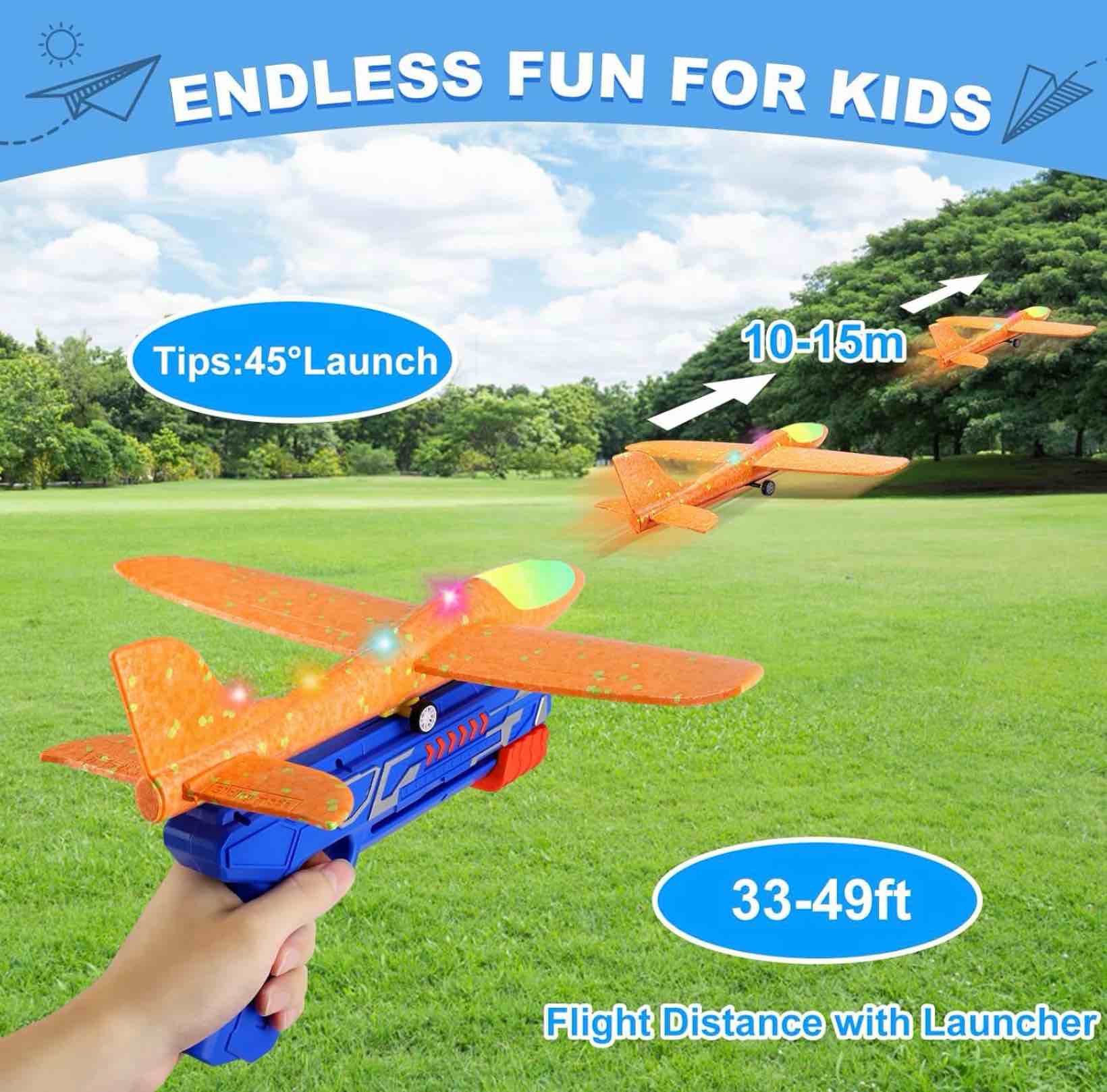 fuwidvia 3 pack airplane launcher toys, 13.2'' led foam glider plane toy for boys, 2 flight modes outdoor flying toys birthday gifts for boys girls 4 5 6 7 8 9 10 11 12 year old (blue&green&orange)