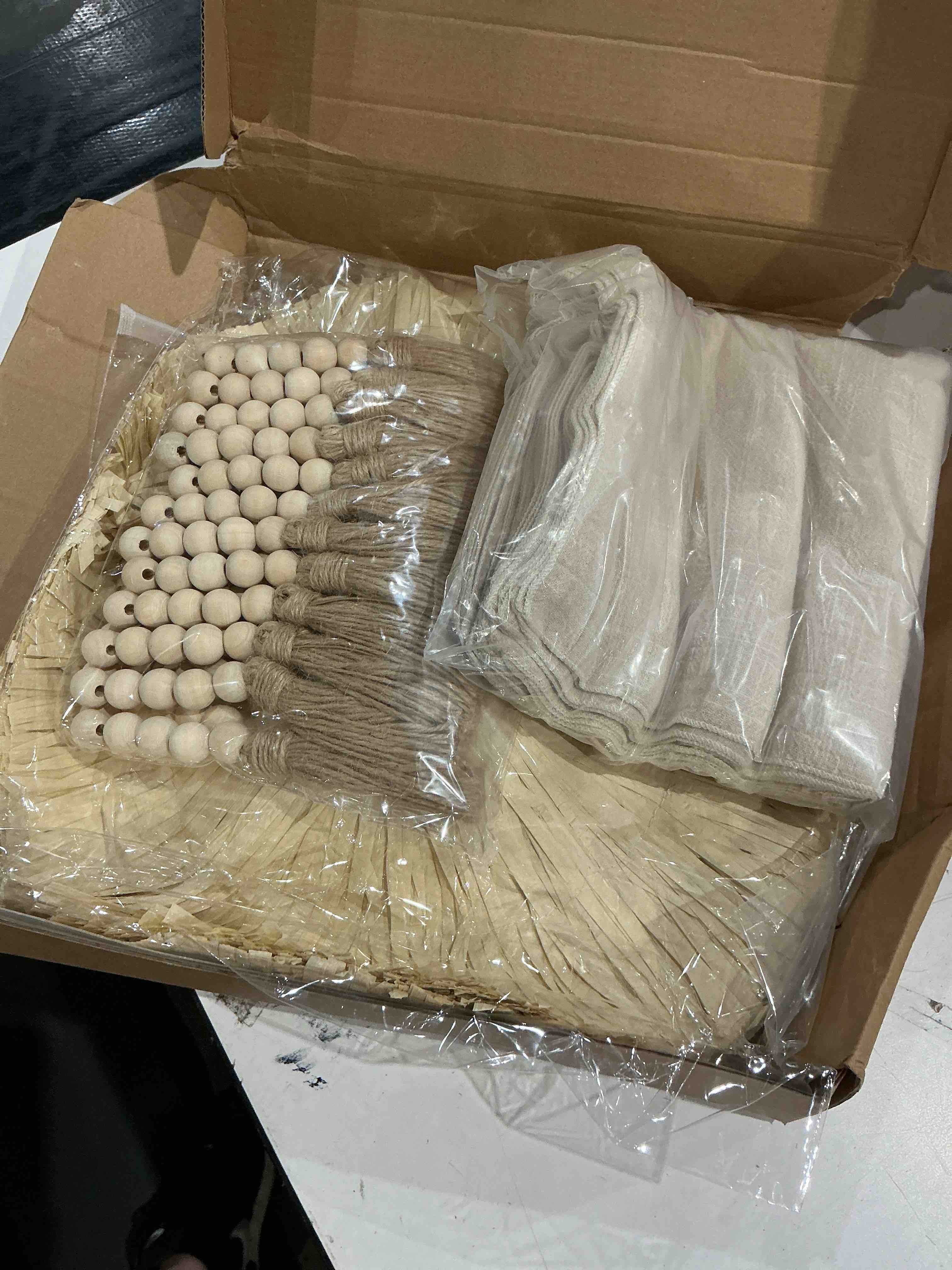 Condition photo showing Good Condition for 48 pcs luau party decorations include round luau fringe place mats tropical palm leaf placemats bulk boho wooden bead tassel napkin rings cotton napkins for summer hawaiian party supplies