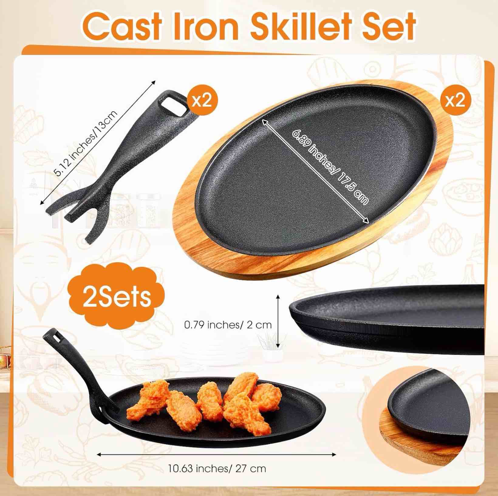 foldtier 2 sets cast iron skillet set 10.63'' x 6.89'' fajita plate sizzling pan with wooden base anti scald protection removable handle for restaurant kitchen cooking accessory bbq party