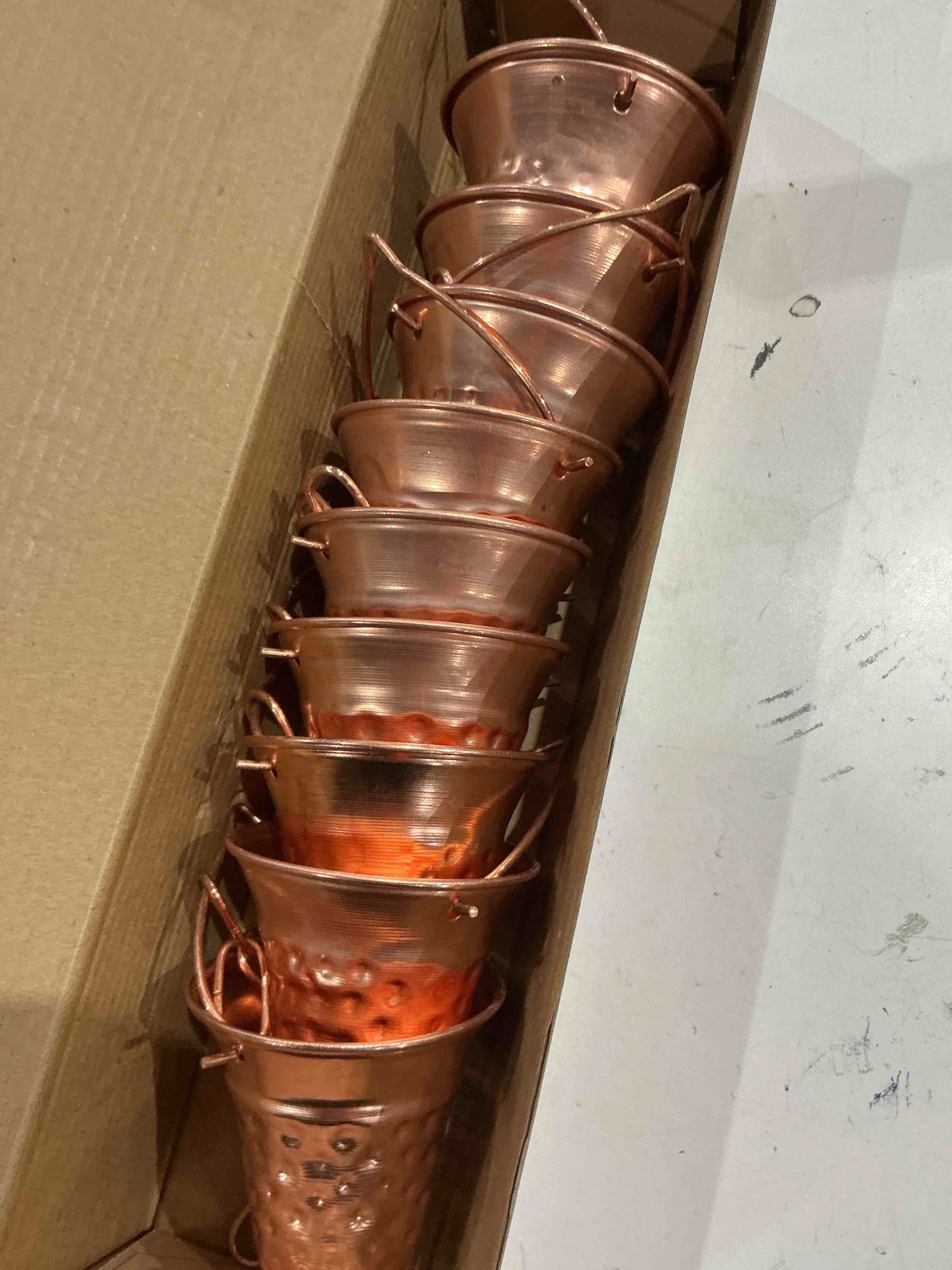 Condition photo showing Good Condition for copper rain chain – decorative chimes & cups replace gutter downspout & divert water away from home for stunning fountain display – for universal fit