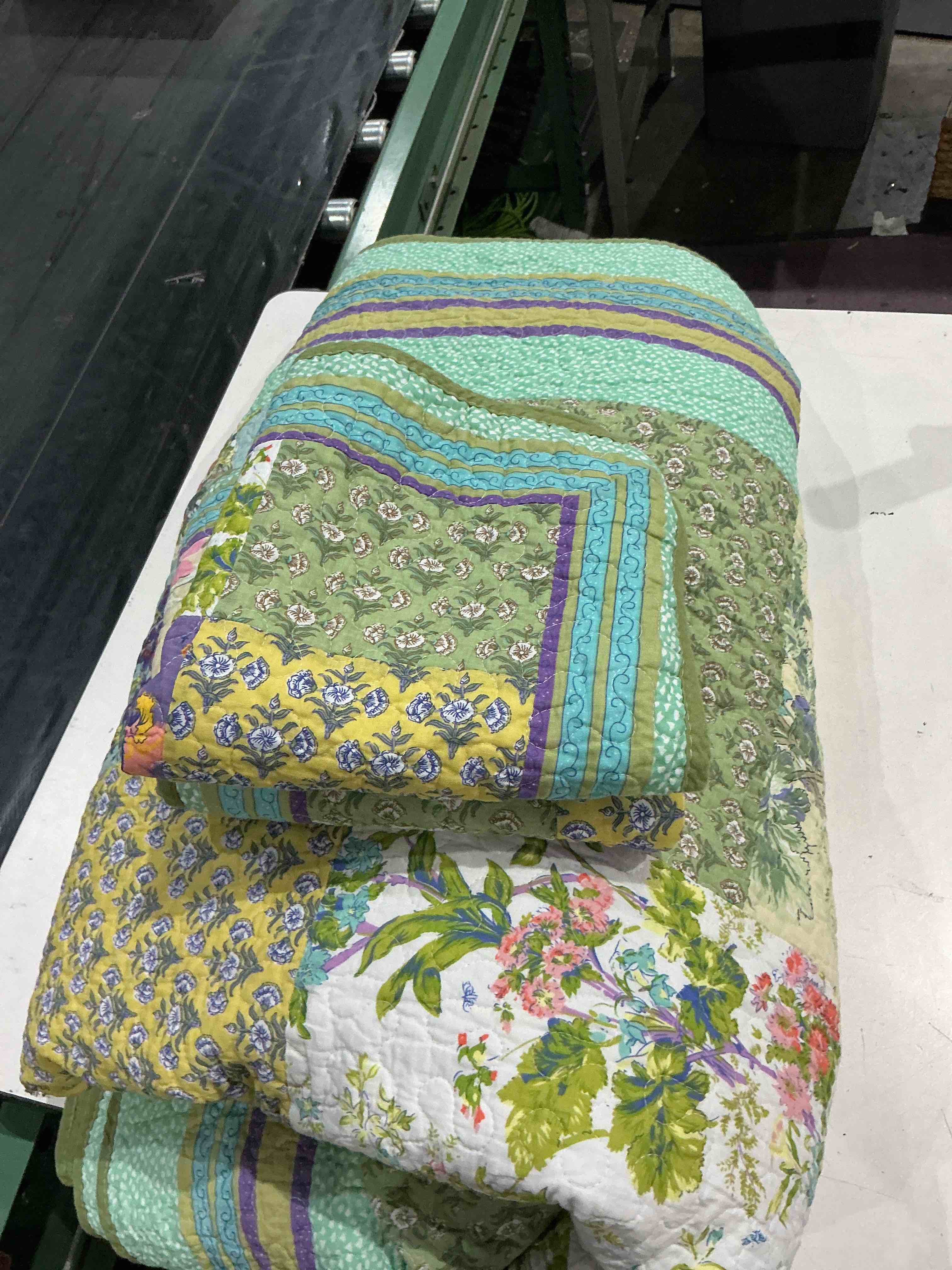 Condition photo showing As Is for abreeze luxury quilt set frosted pastel gardenia bohemian cotton patchwork quilted coverlet bedspread set vibrant floral paisley colorful blue lavender green print queen size 3pcs 
