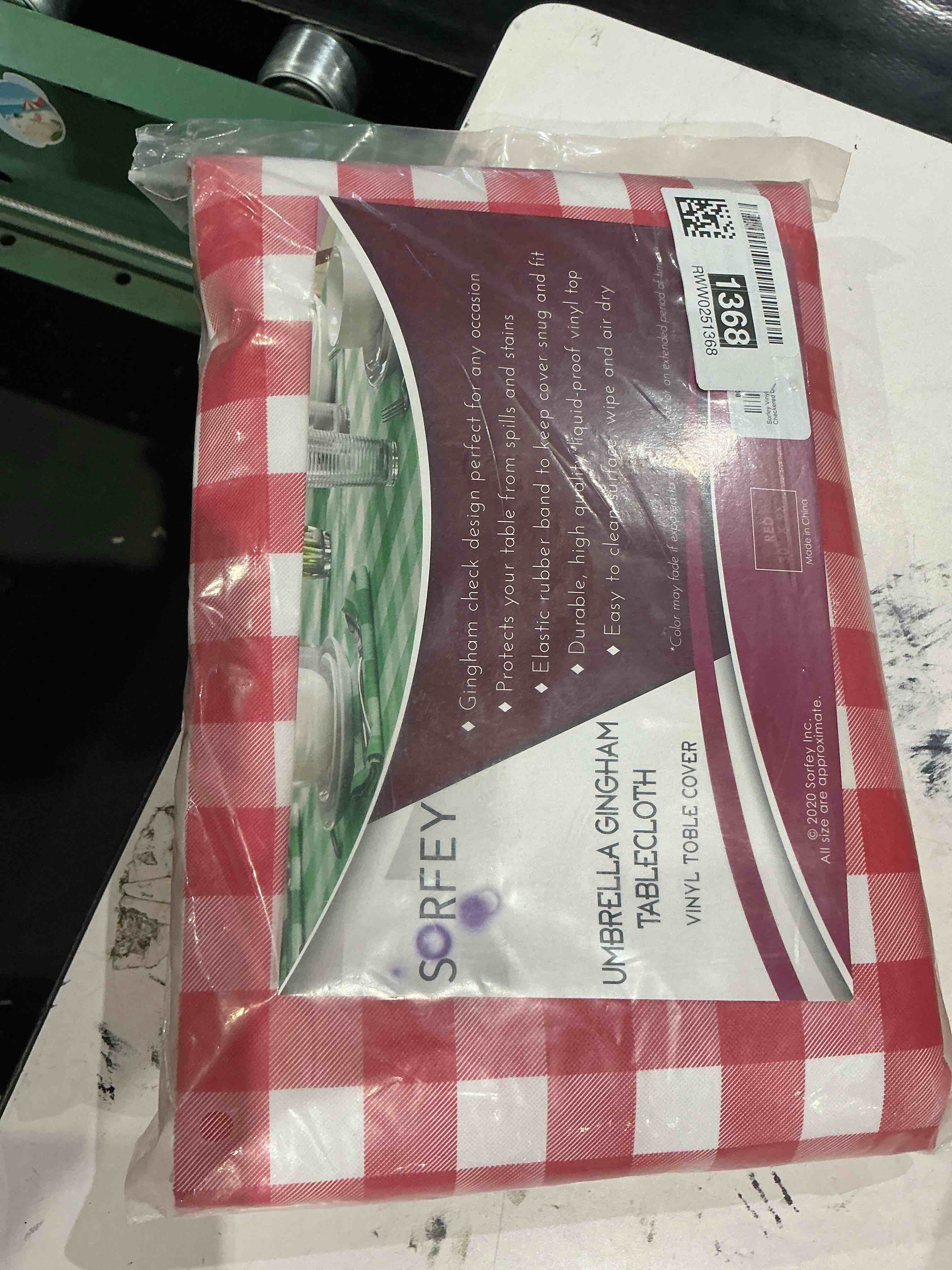 Condition photo showing Good Condition for sorfey vinyl umbrella rectangle fitted tablecloth cover, checkered design, flannel backed lining 30x96 inch, red