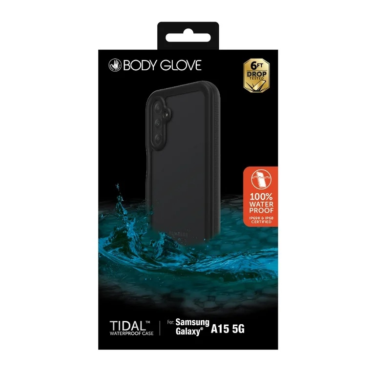 body glove tidal waterproof phone case for samsung galaxy a15 5g - black/clear