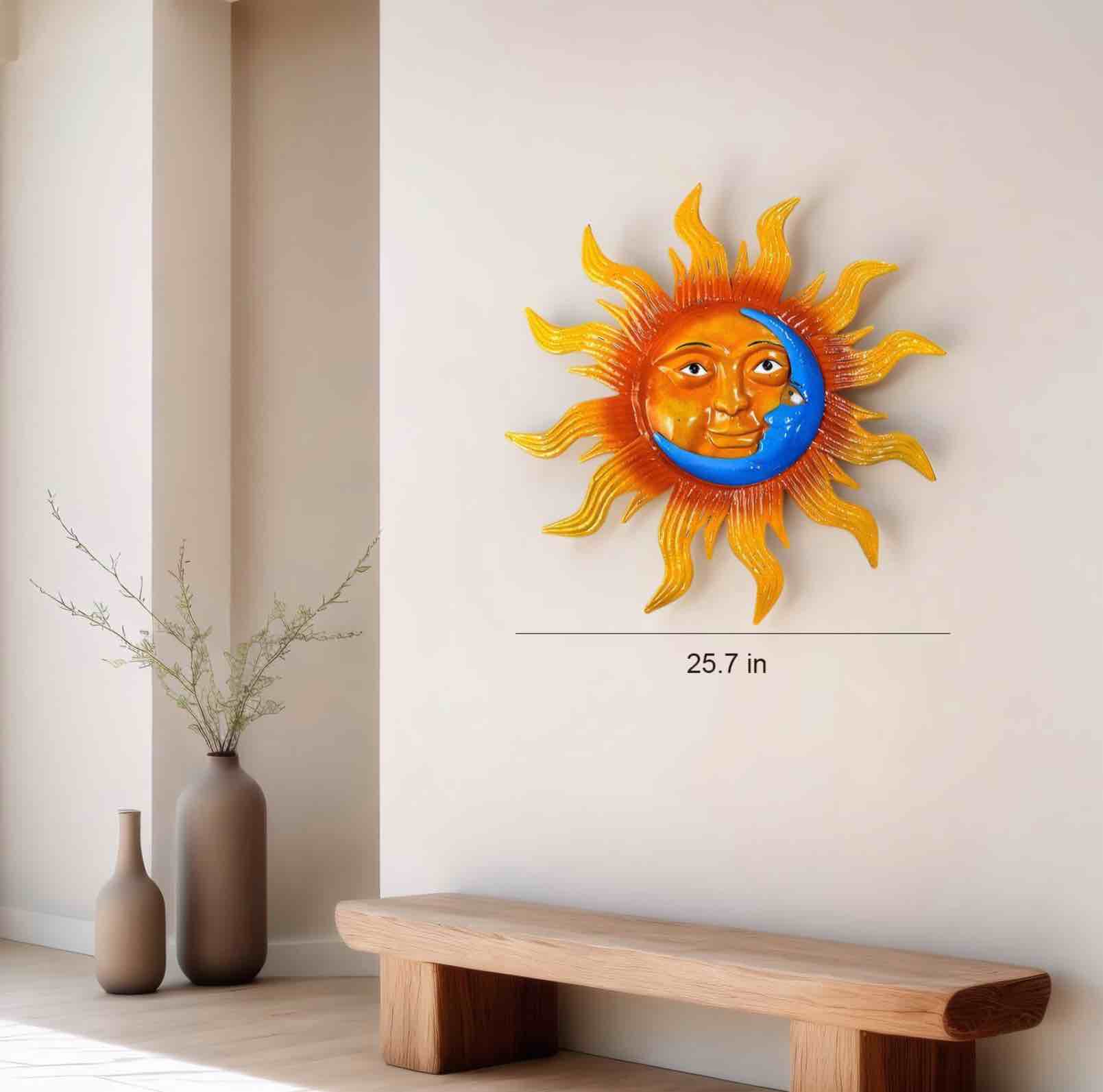 25.7'' Large Size Metal Sun Outdoor Wall Art Decor, Sun&Moon Outside Metal Art Rust Proof Wall Sculpture, Ideal for for Yard, Bedroom, Patio, Garden, Fence, Deck Pool Home and Farmhouse (Large sun) Sun & Moon