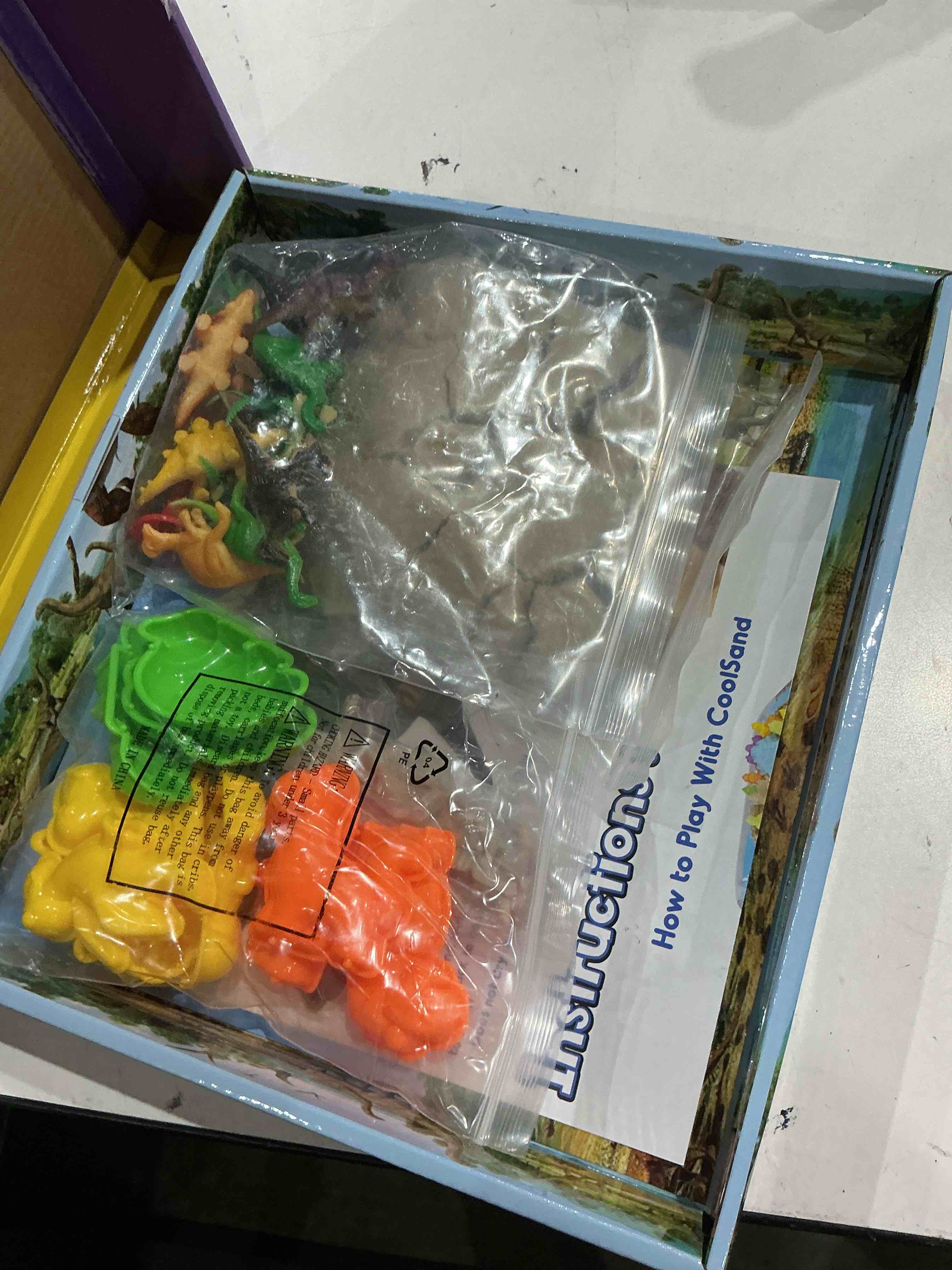 Condition photo showing Good Condition for dino discovery 3d sandbox for kids with 1 pound moldable indoor artificial play sand, shaping molds, dinosaur figures, 3d tray