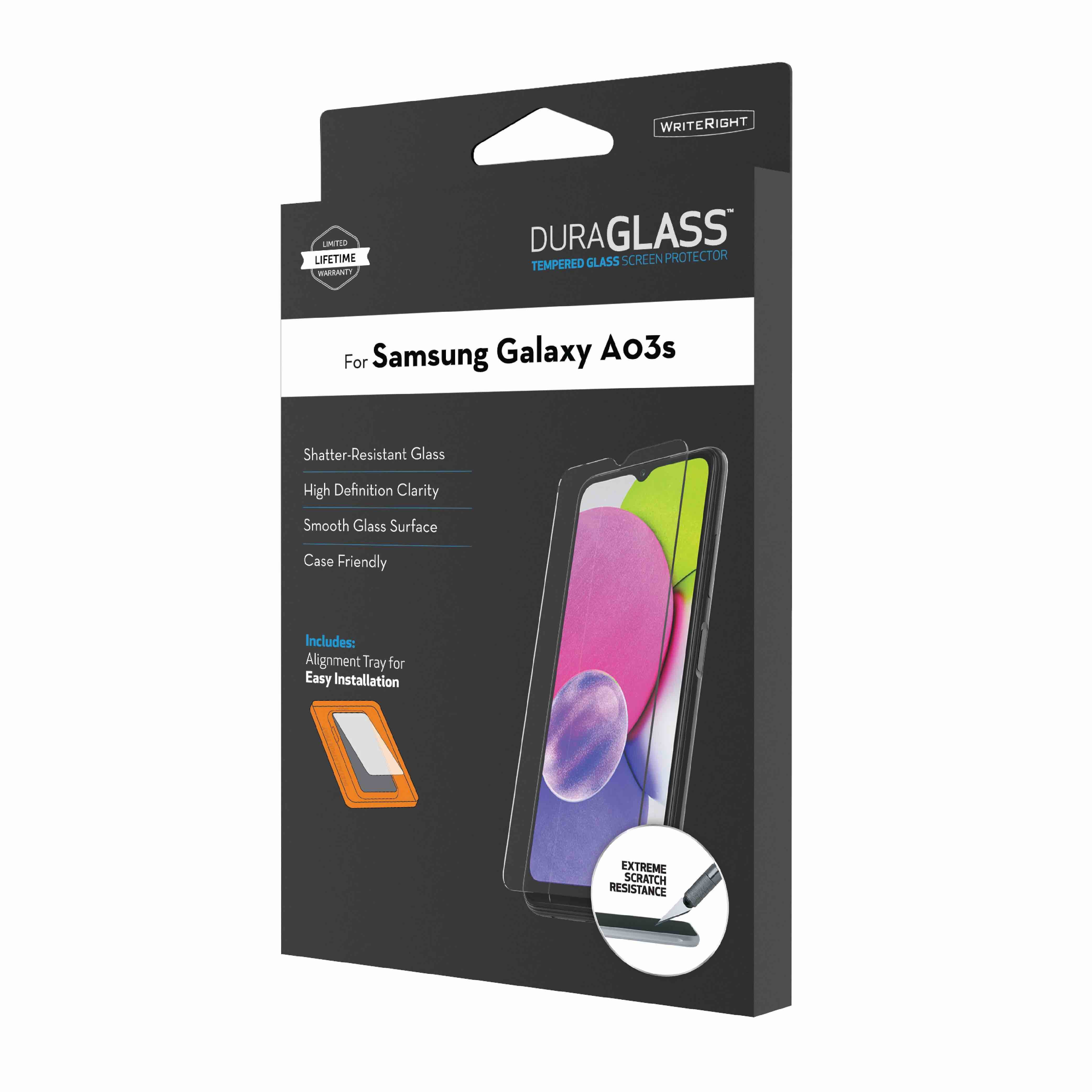 duraglass tempered glass screen protector with quick installation tray for samsung galaxy a03s