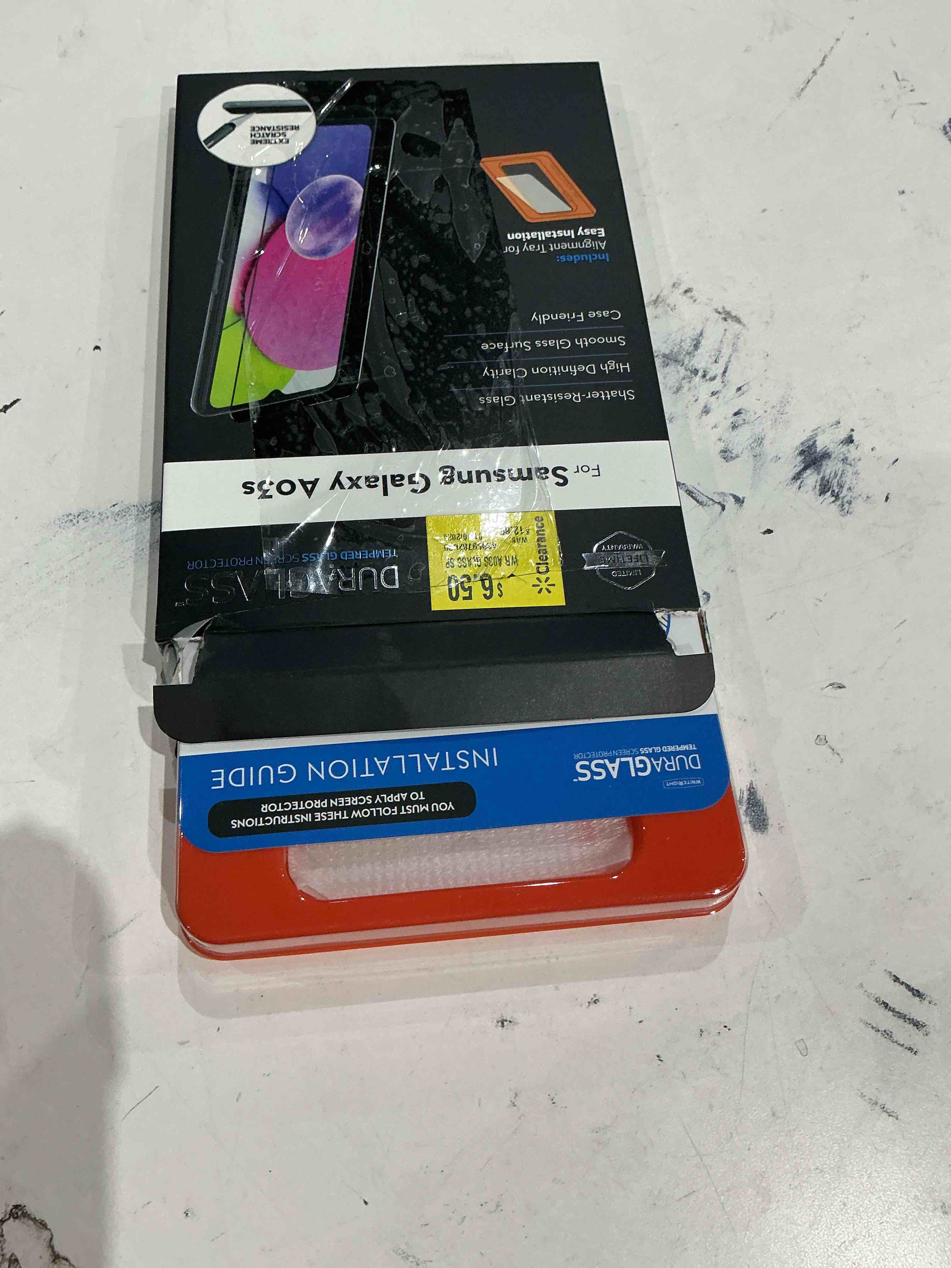 Condition photo showing Good Condition for duraglass tempered glass screen protector with quick installation tray for samsung galaxy a03s