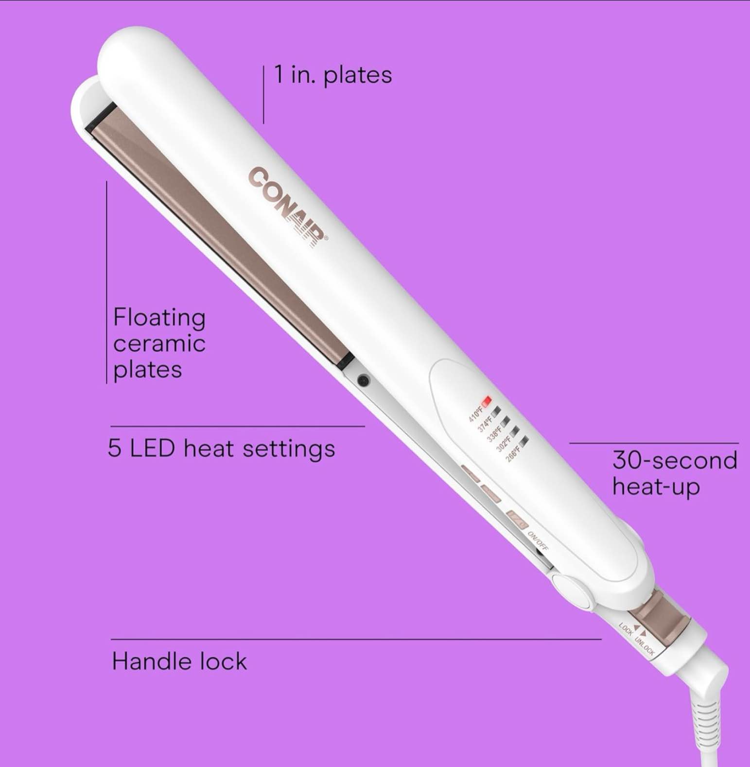 conair double ceramic flat iron, 1-inch flat iron hair straightener with claw clip, 5 heat settings, extra-long floating plates, white white 1-inch with claw clip