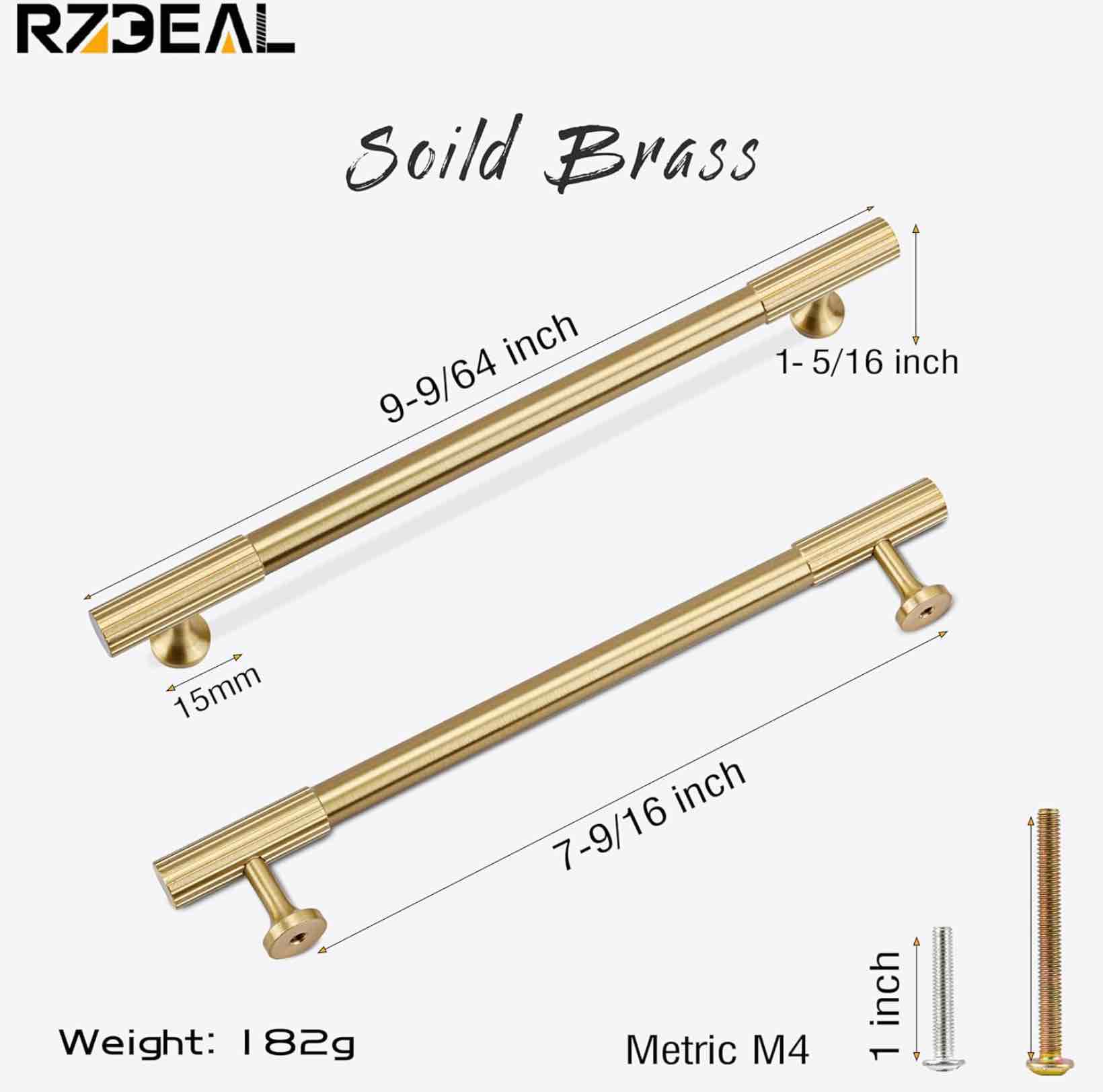 rzdeal 2pcs solid brass gold cabinet pulls, 7-9/16-inch hole centers for kitchen cupboard handles modern drawer dresser pulls bathroom brushed brass cabinet pulls wardrobe door handles 7-9/16 inch gold 2