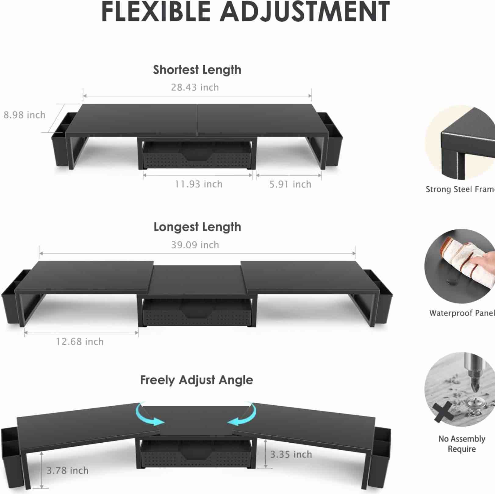 opnice desk organizers and accessories, dual monitor stand riser with drawer and 2 pen holders, desk shelf metal computer racks for office workspace organizers, desktop organization (black metal)