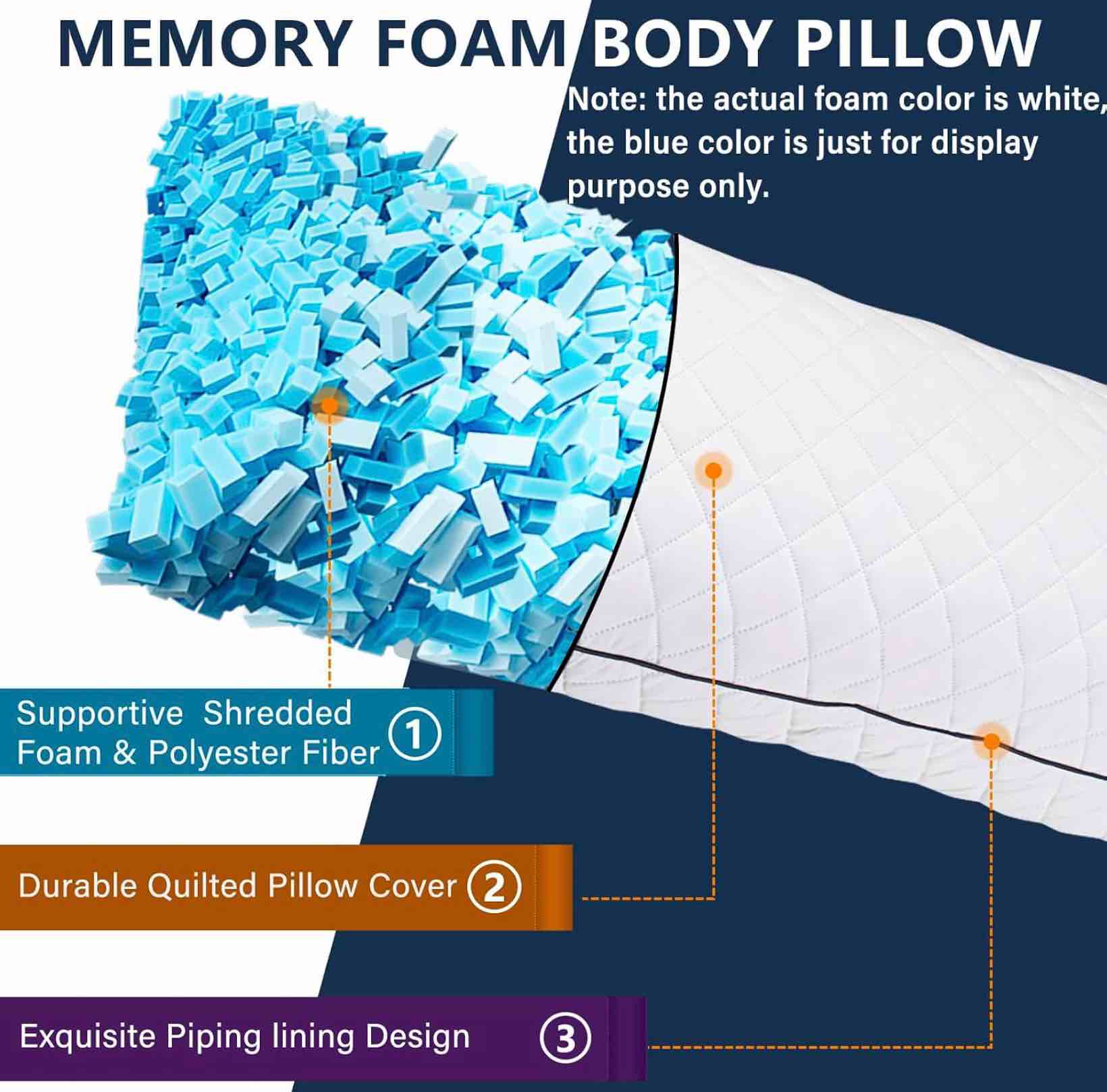 1 middle one body pillow, memory foam body pillows for adults sleeping, long pillow for bed, big large firm full body pillow for side sleeper, 20x60 inch (white)