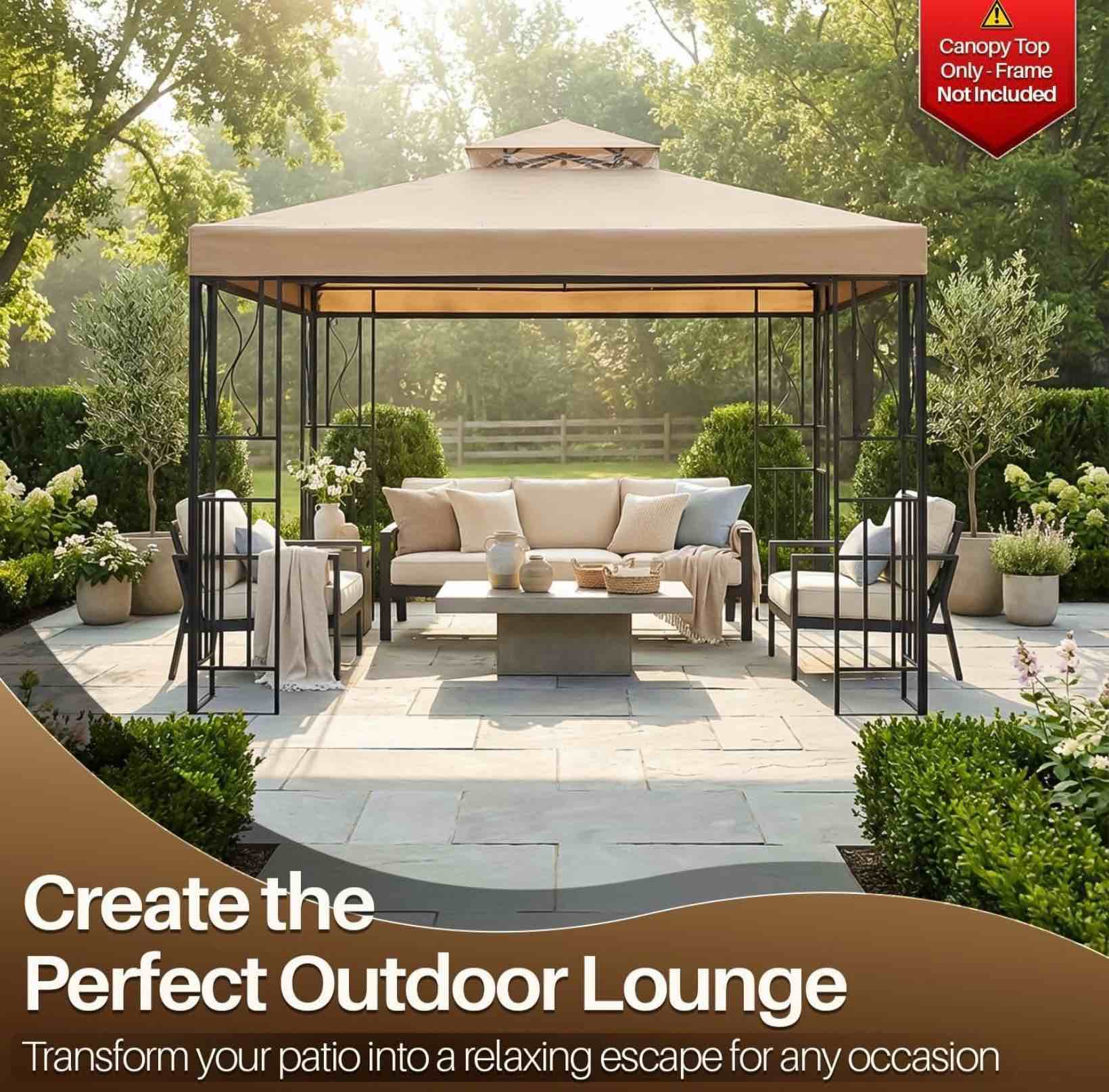 flexzion gazebo cover replacement canopy top 10x10 ft (3m x 3m) - double tier top canopy cover replacement with uv30+, dirt, water resistant for outdoor, sunshade, garden, patio, pavilion (beige)