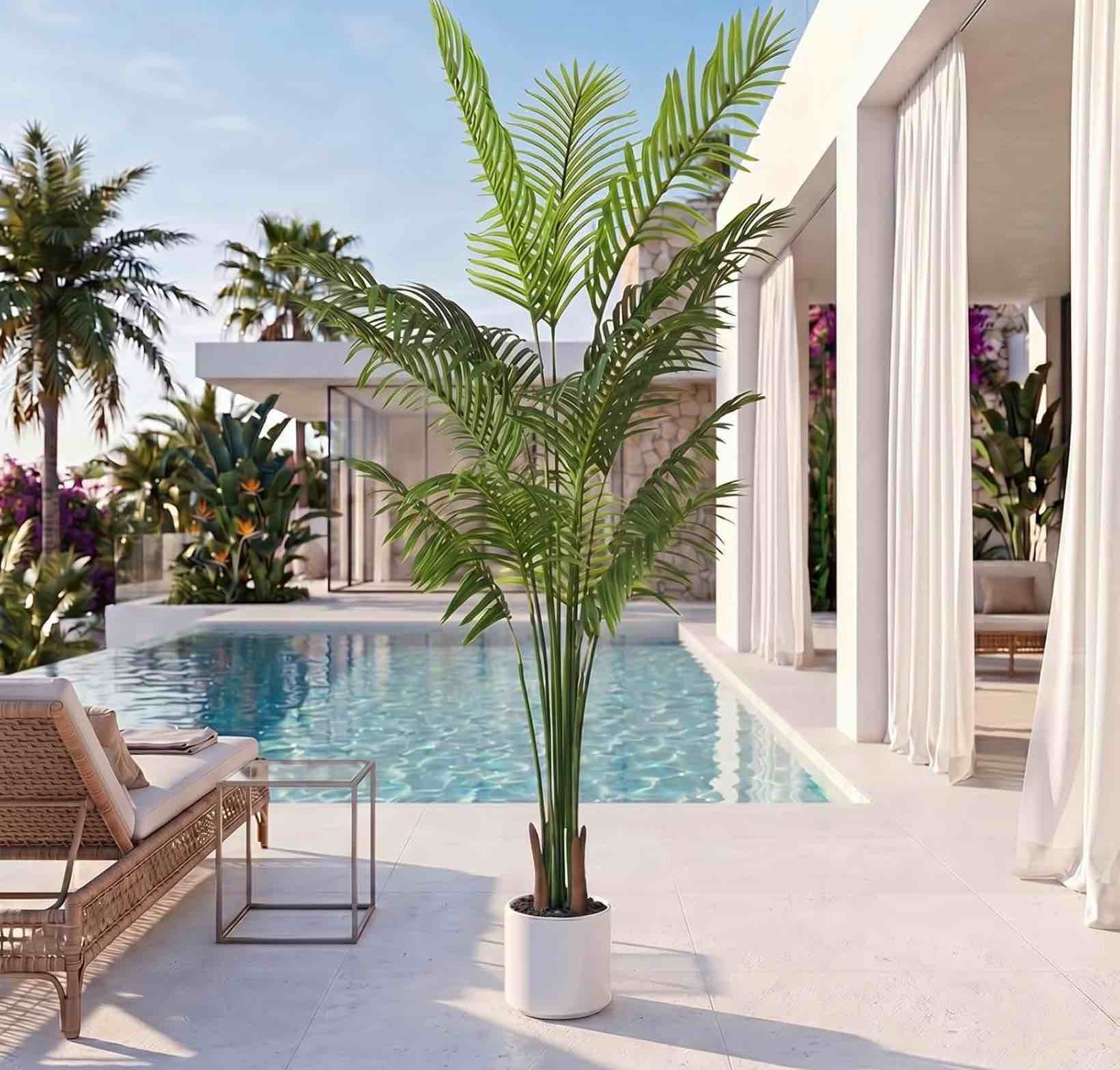 artificial palm tree, anting 7ft tall faux palm tree with black base pot, artificial plants with lifelike leaves for outdoor indoor home living room office porch decor palm areca tree 7ft