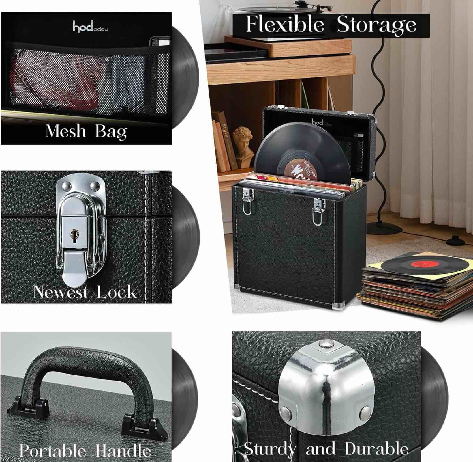 hododou vinyl record storage box with lock record organizer storage for 30+ single records 12-inch water resistant collapsible storage crate with lid handle mesh pouch for valuable album collection black