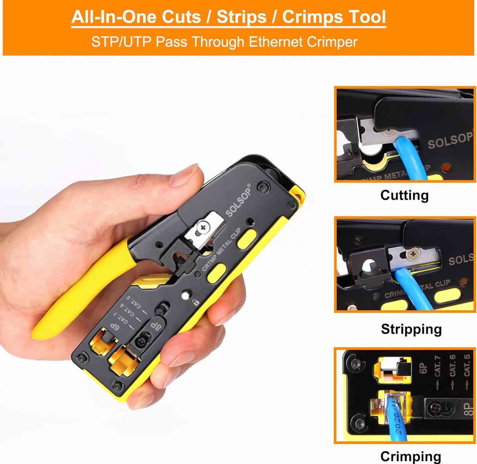 solsop pass through rj45 crimp tool kit all-in-one ethernet crimper cat7 cat6 cat5 crimping tool with network cable tester, 50-pack cat6 rj45 pass through connector, 50-pack connector boots rj45 crimper set yellow-a