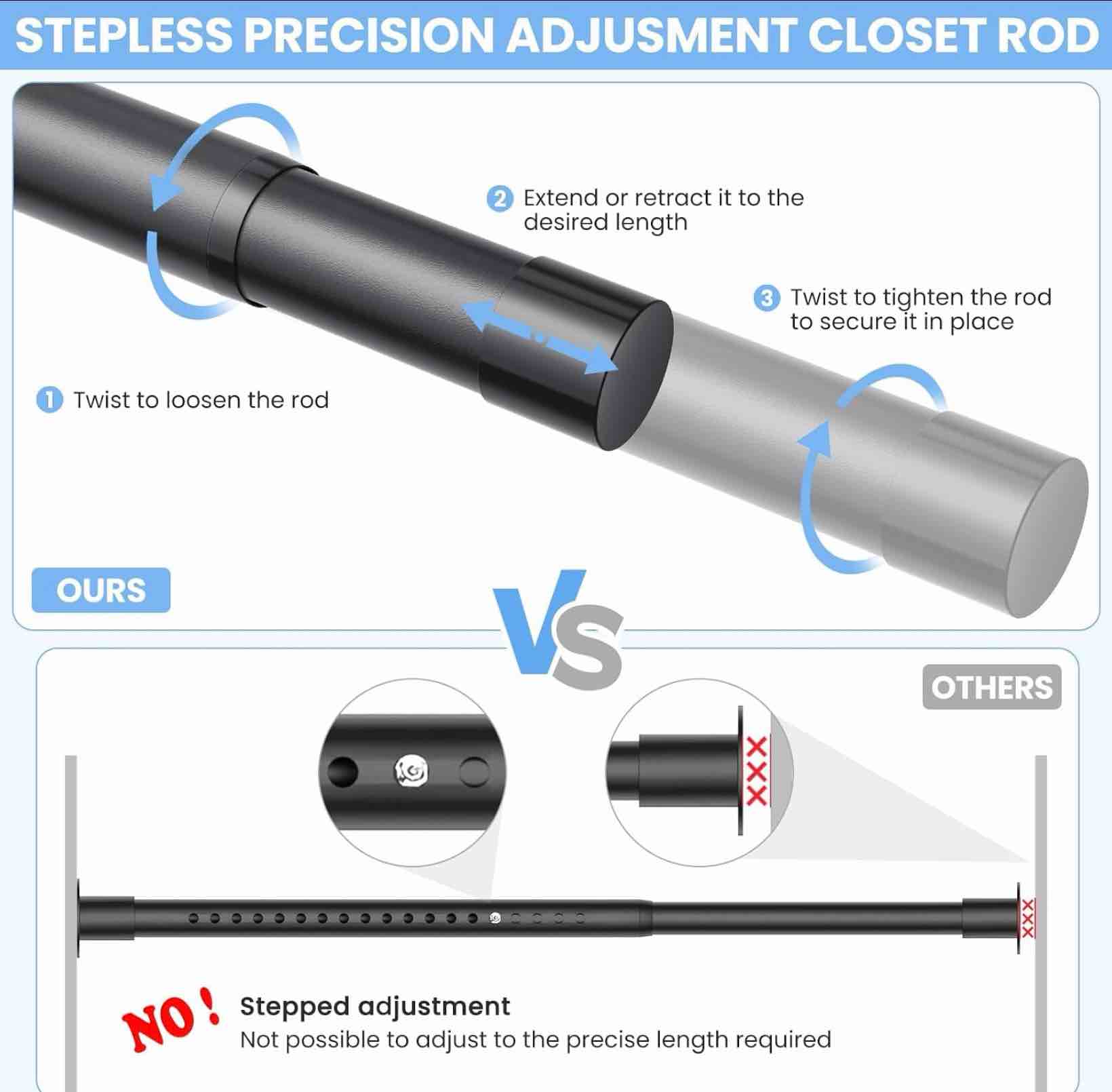 closet rods for hanging clothes, 17 to 99 inch stepless adjustable closet rod, 1.3 inch diameter metal heavy duty closet hanging rod for closet wardrobes laundry rv, black matte black 17-99in