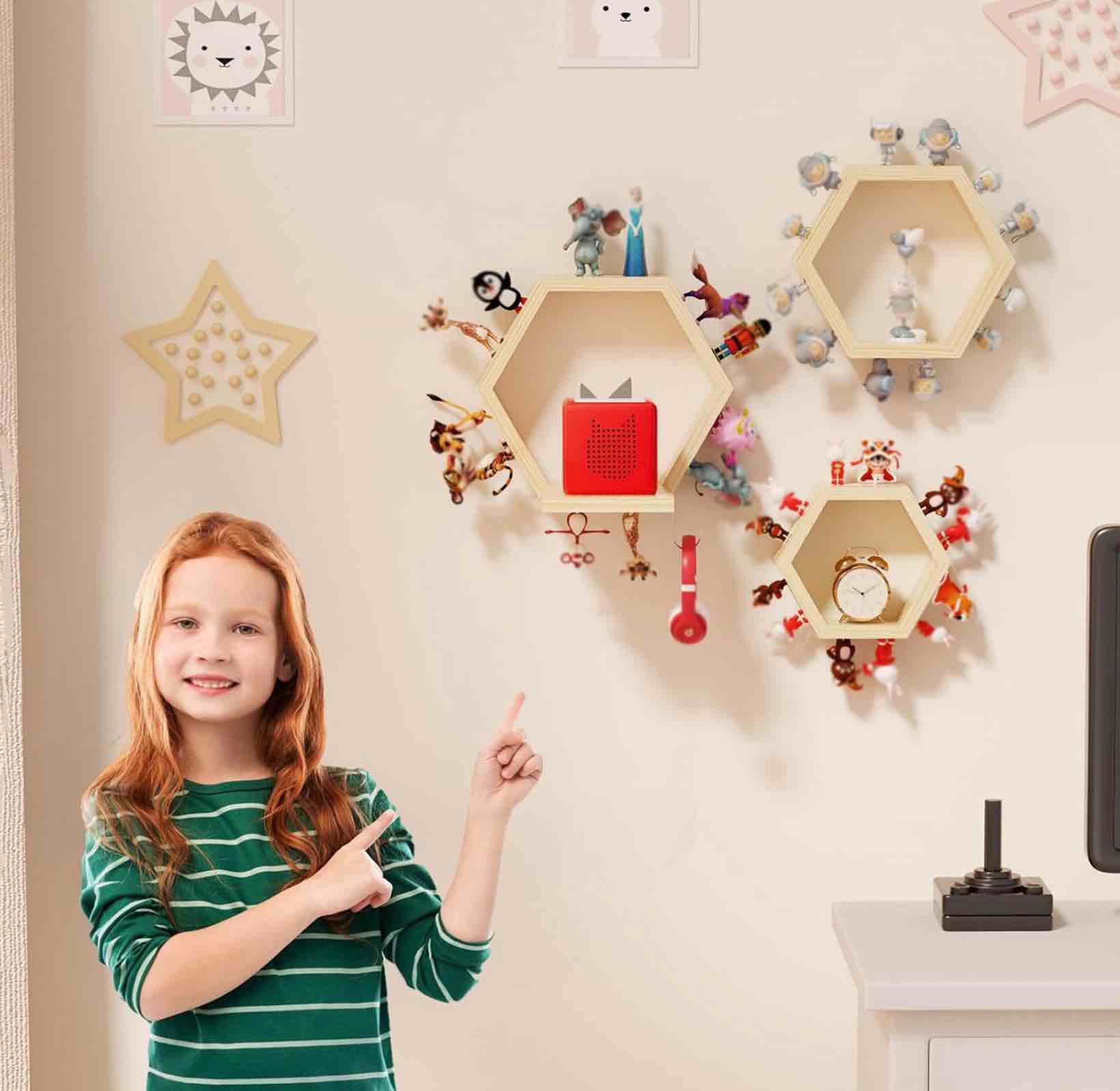 hexagon tonies shelf magnetic - tonies storage shelf set of 3 for kids room, wooden magnetic display shelf for tonie box holder, wall floating shelves toy storage compatible with tonie accessories