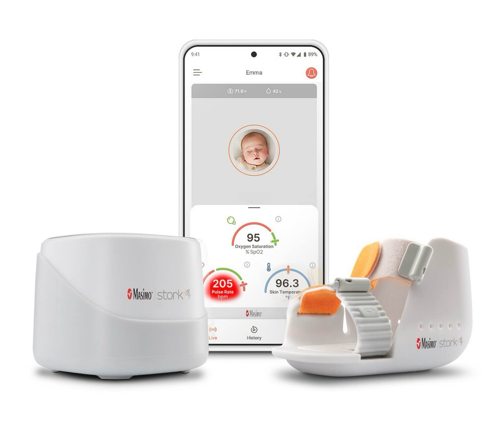 masimo - stork vitals baby monitoring system with smart hub and boot with built-in blood oxygen and pulse rate sensor - white