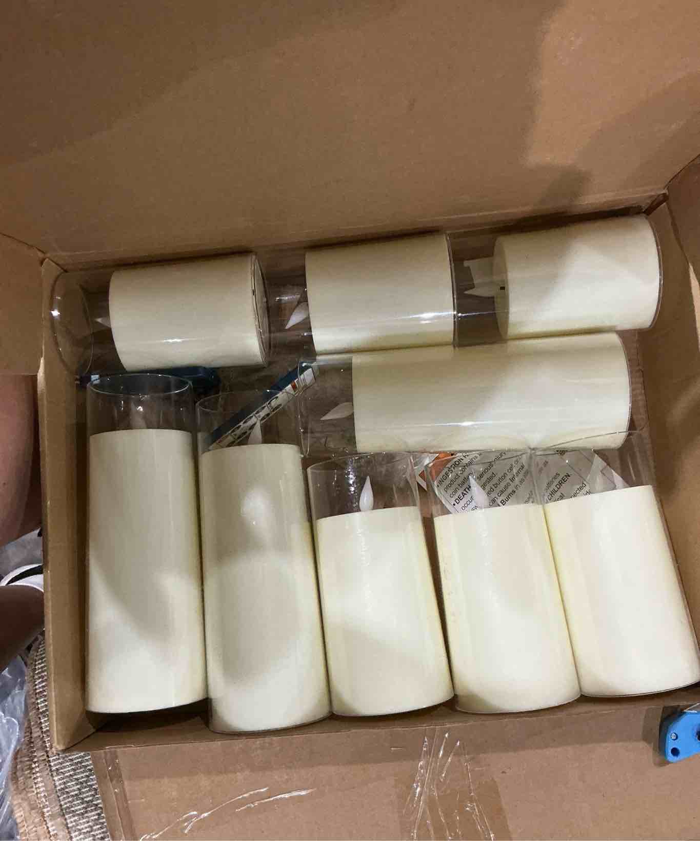 Condition photo showing As Is for homemory ivory flickering flameless candles, battery operated acrylic led pillar candles with remote control and timer, set of 9 ivory, 9pack
