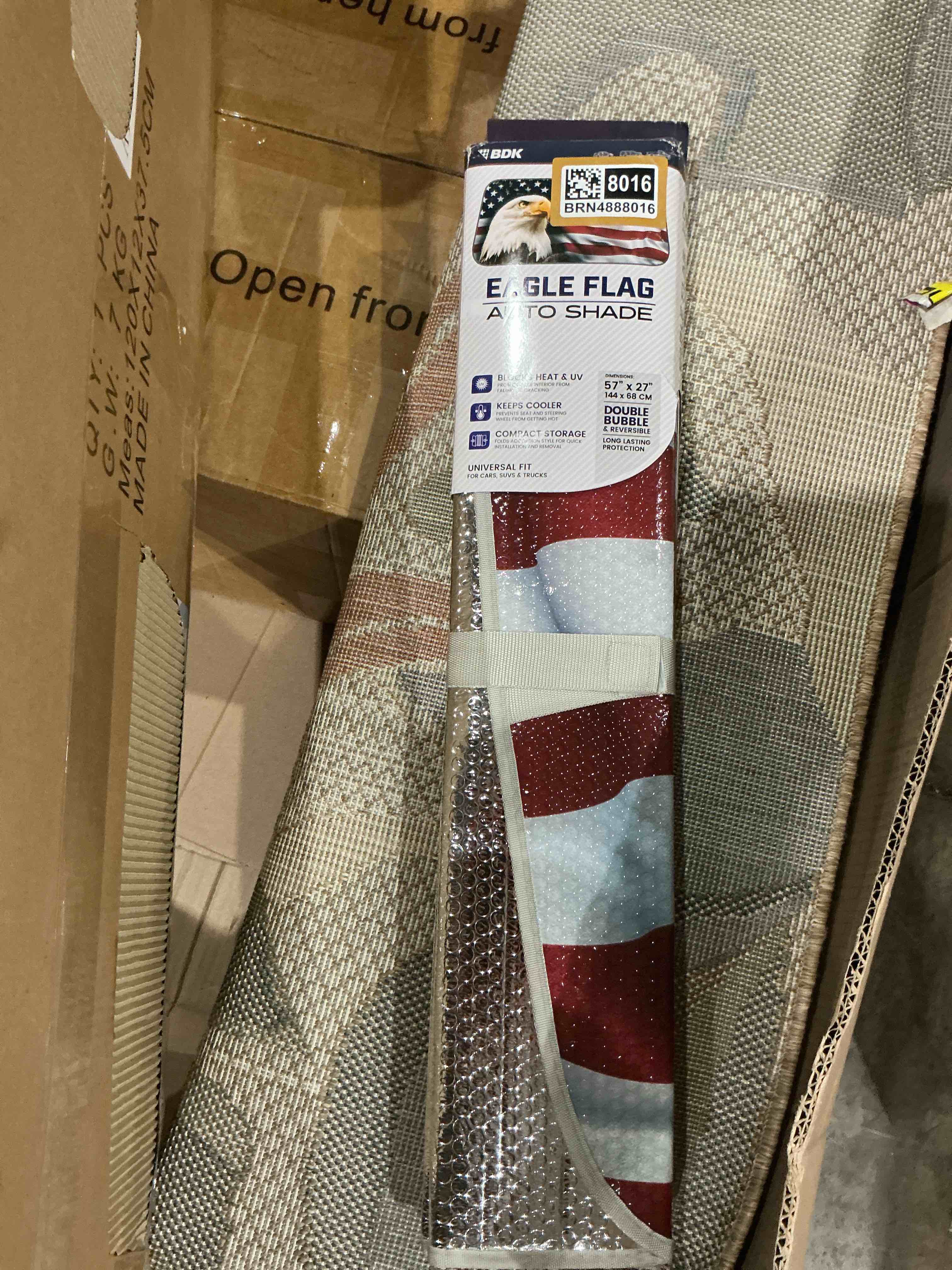 Condition photo showing As Is for bdk as-764 usa patriotic american eagle flag front windshield sunshade, accordion style folding auto