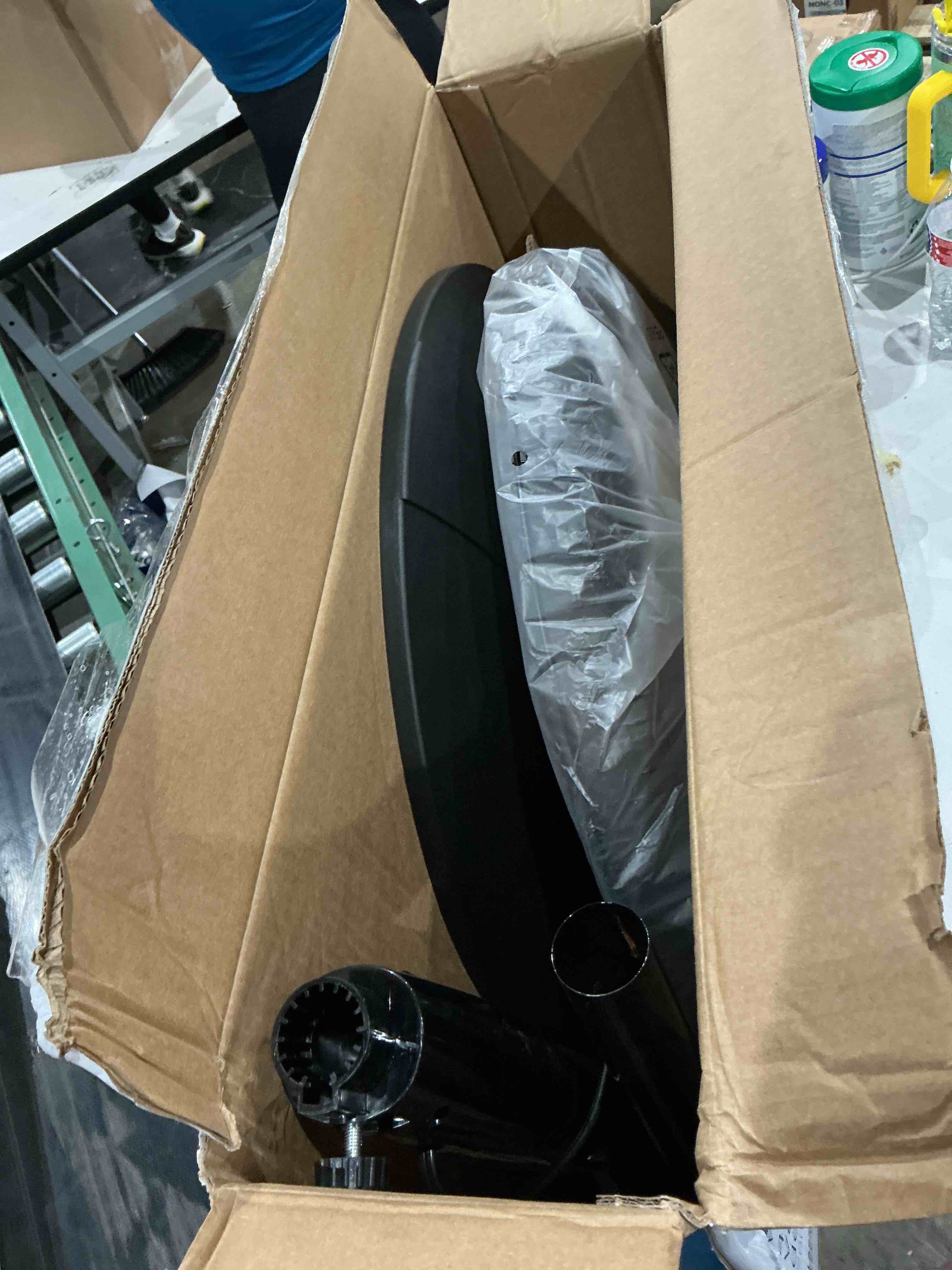 Condition photo showing As Is for utilitech 18-in indoor oscillating pedestal fan, in black with remote