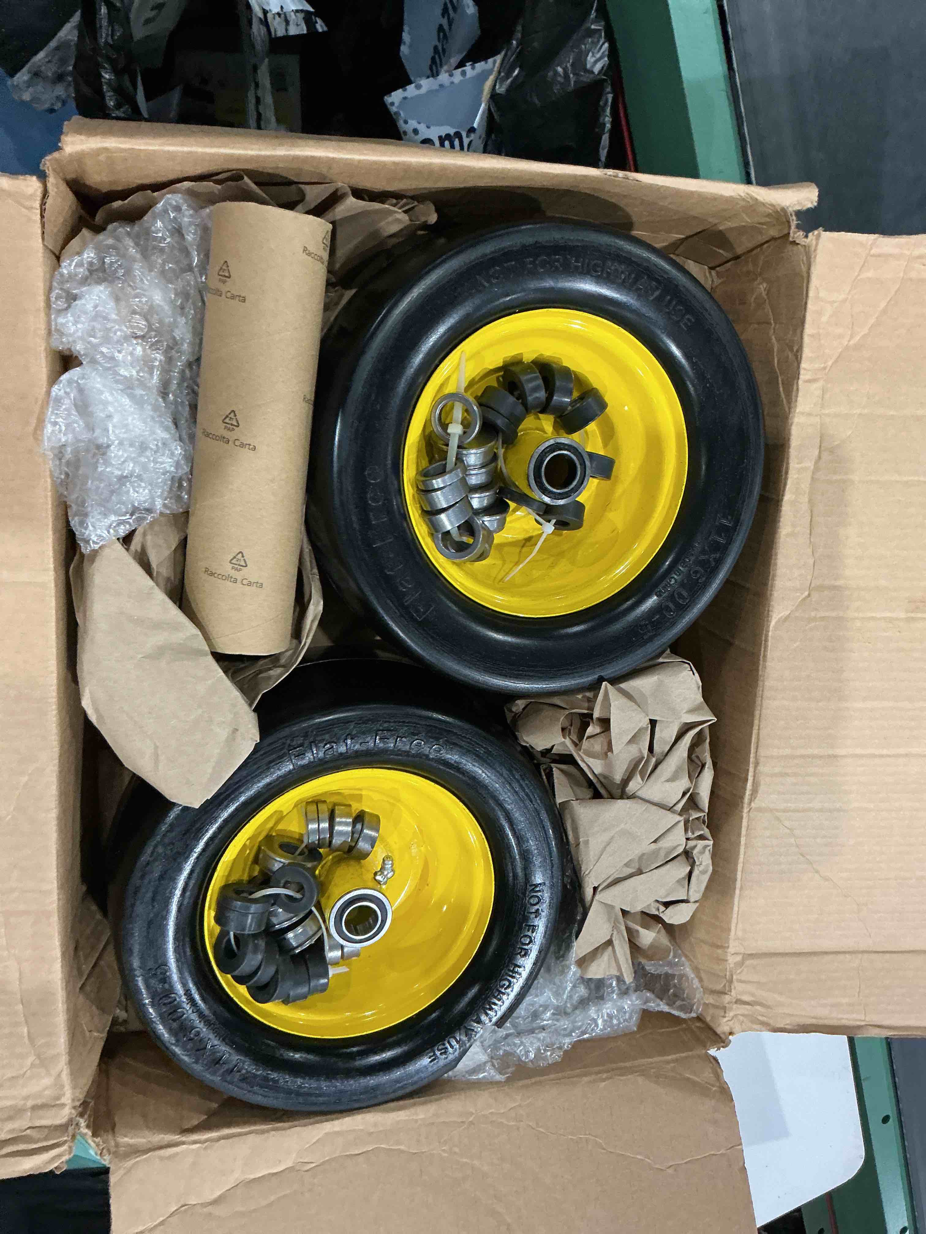 Condition photo showing Good Condition for 11x4.00-5 lawn mower tires – flat free zero turn front tires with 3/4" bearing extra 5/8” bearing, 3.4"-5" hub, 11x4.00-5 tire fits generators & lawn mowers, 350lbs (yellow,2 pack)
