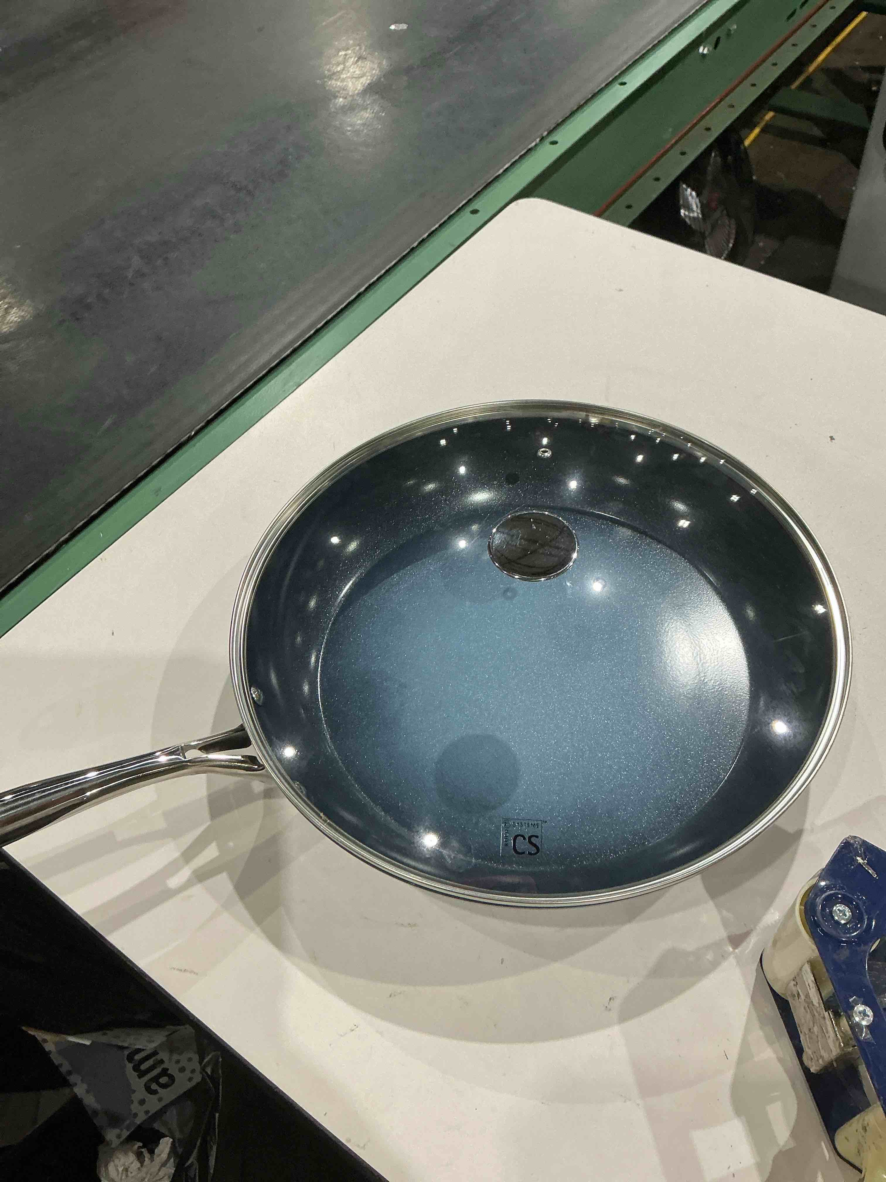 Condition photo showing As Is for koch systeme cs 14 inch large frying pan with lid, nonstick skillet with ceramic interior, large fry pan for family & commercial cooking, frying pan nonstick, oven safe & induction compatible, blue