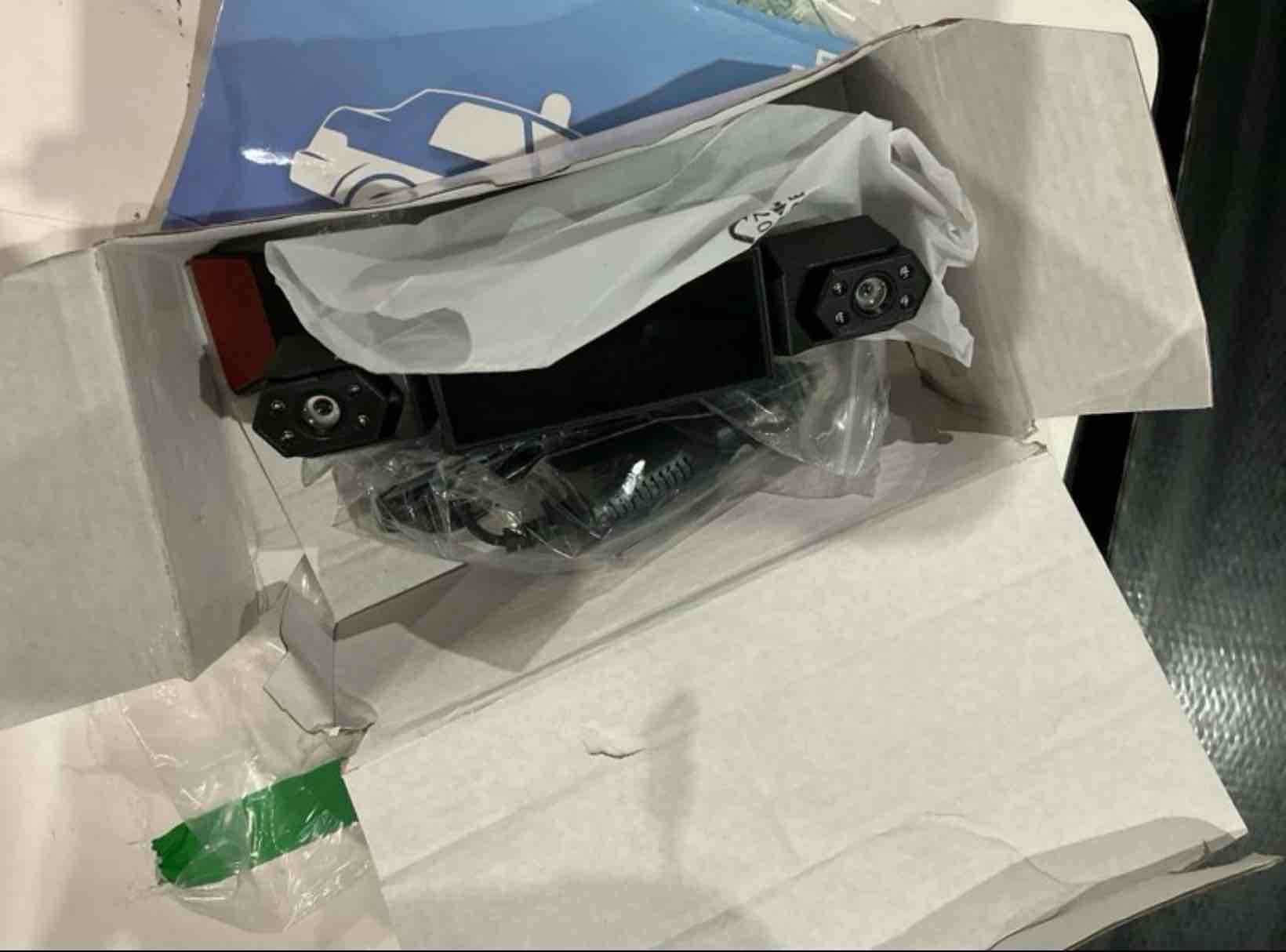 Condition photo showing As Is for missing suction cup. 4 channel 360° dash cam front rear inside and left right, 1080p fhd car camera, 8 non-glare night vision lights, loop recording, motion detection, reverse assistance, easy setup