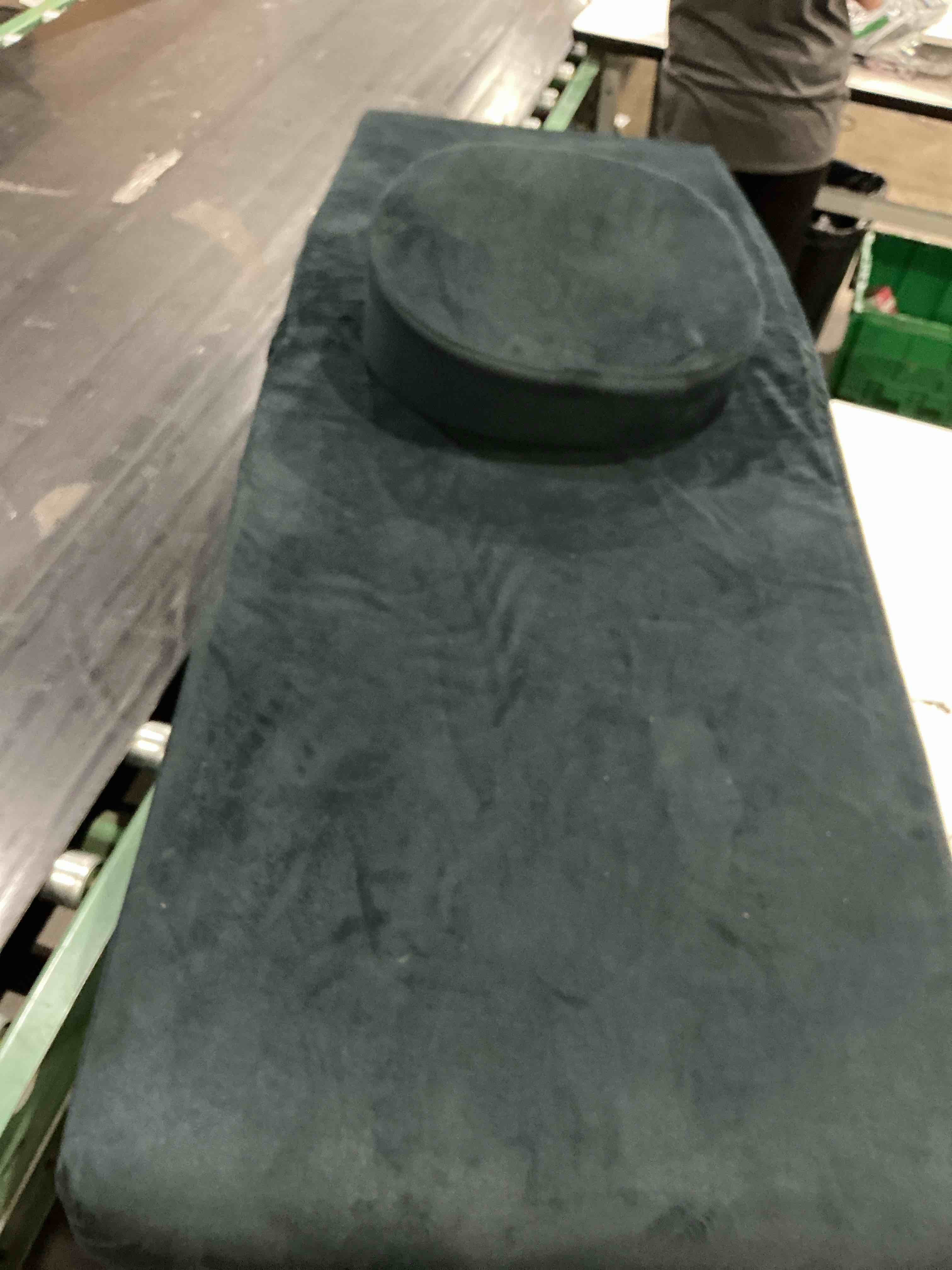 Condition photo showing As Is for unknown brand. dark blue, velvet-textured pillow cover designed for a bbl (brazilian butt lift) recovery