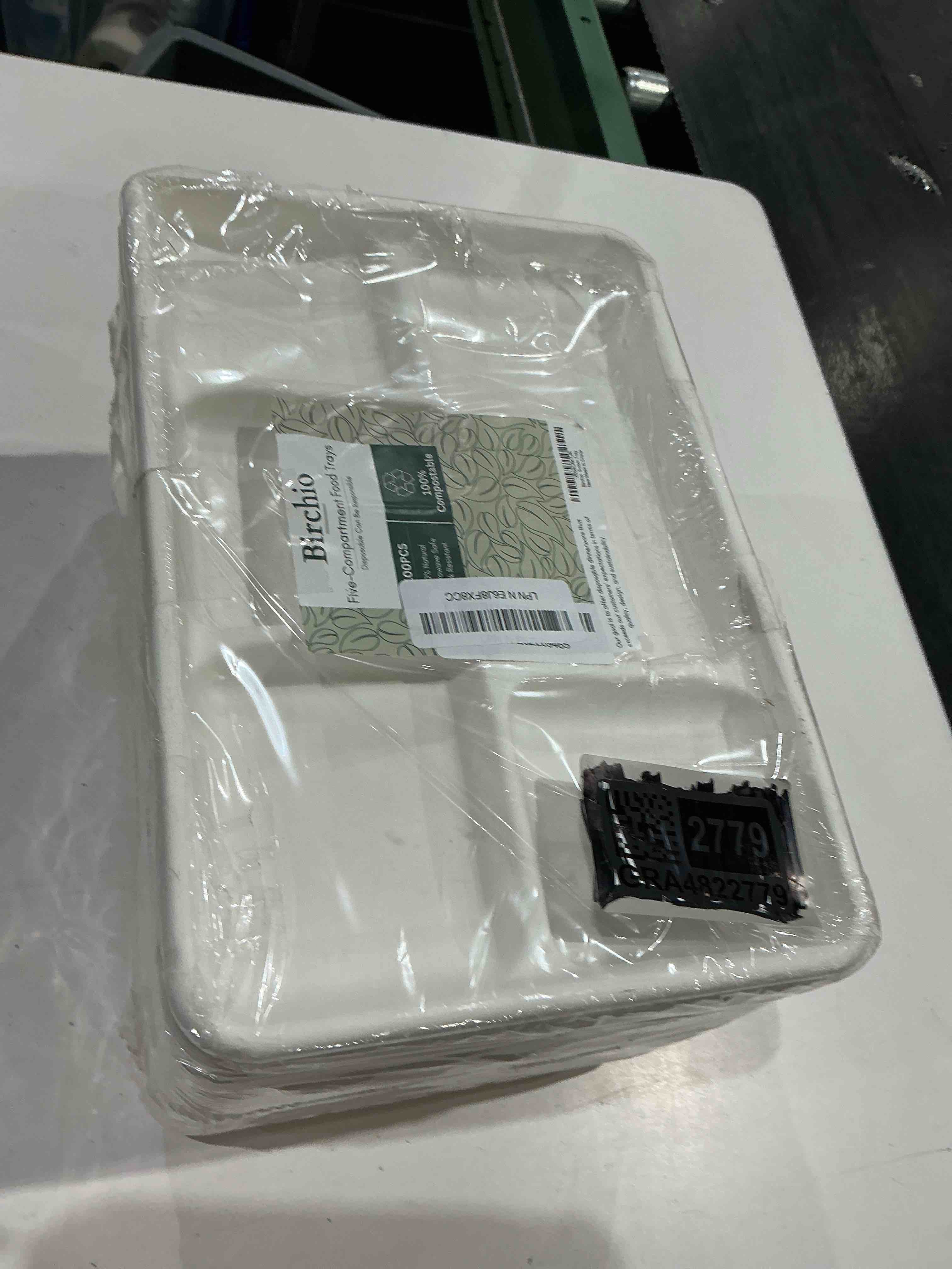Condition photo showing As Is for 100 pack 5-compartment plate disposable, compostable divided disposable dinner plates, paper tray for food for dinner and party