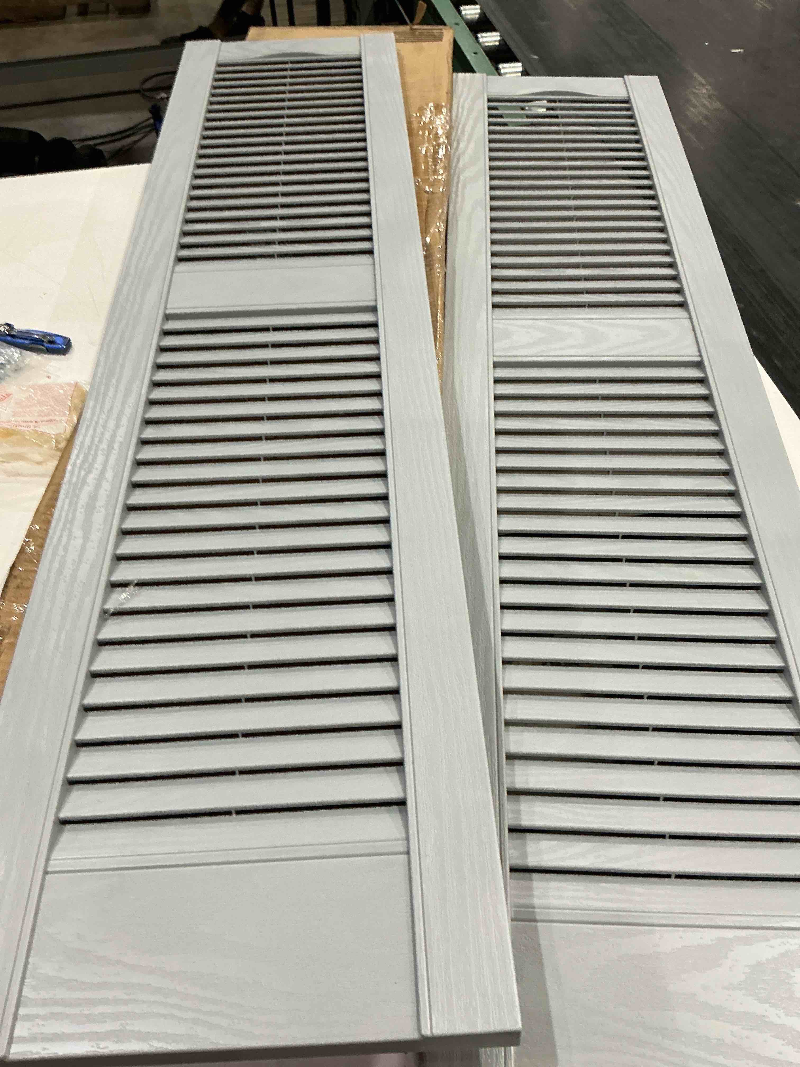 Condition photo showing As Is for unknown size. builders edge, standard cathedral top center mullion, open louver shutters
