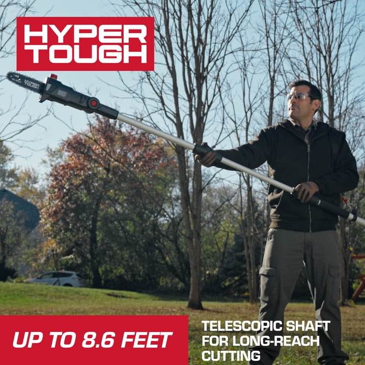 hyper tough 8" 20v brushless cordless pole saw with 20v max 2.0ah battery and charging cable