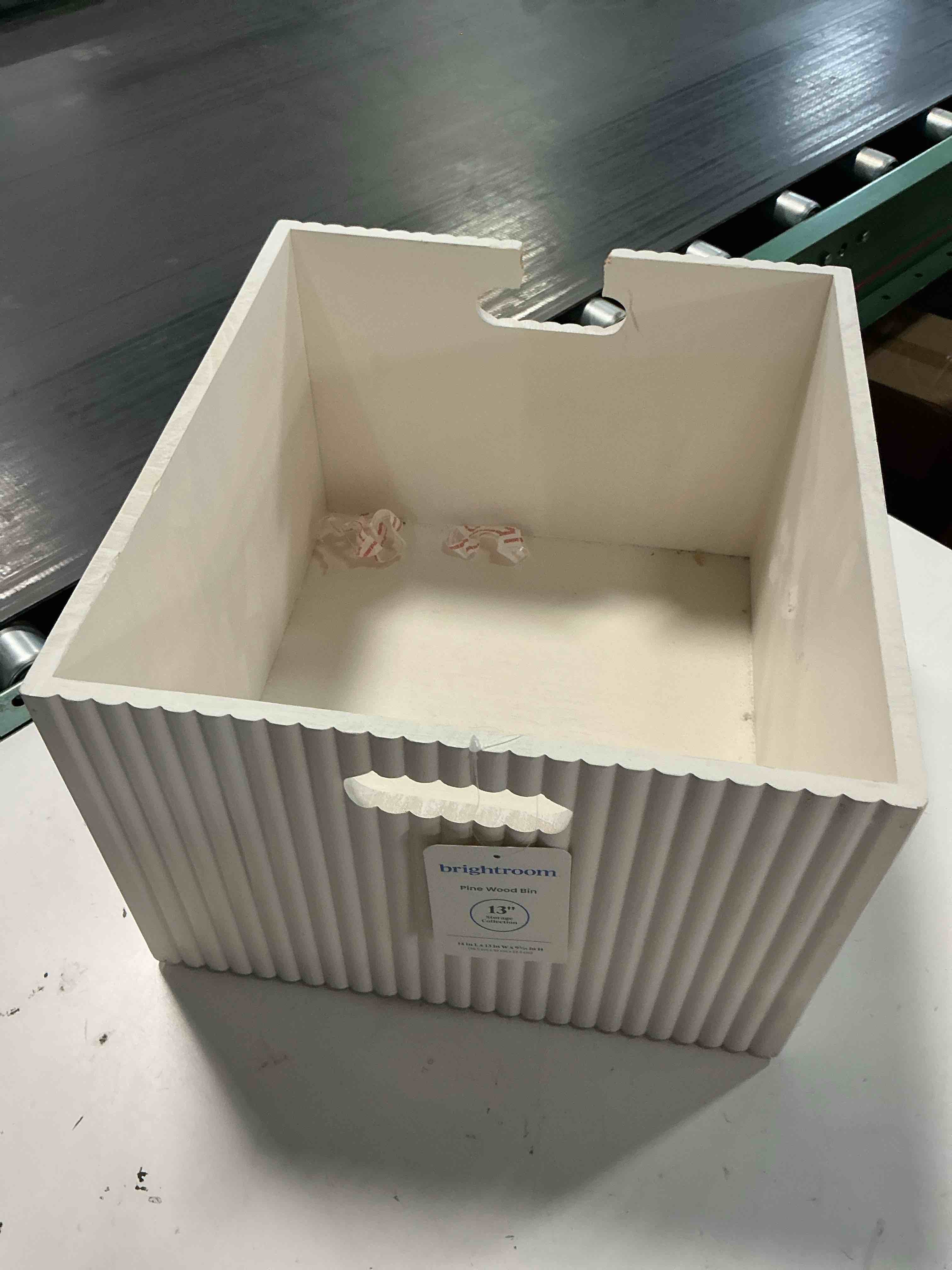 Condition photo showing As Is for large wood bin white - brightroom™