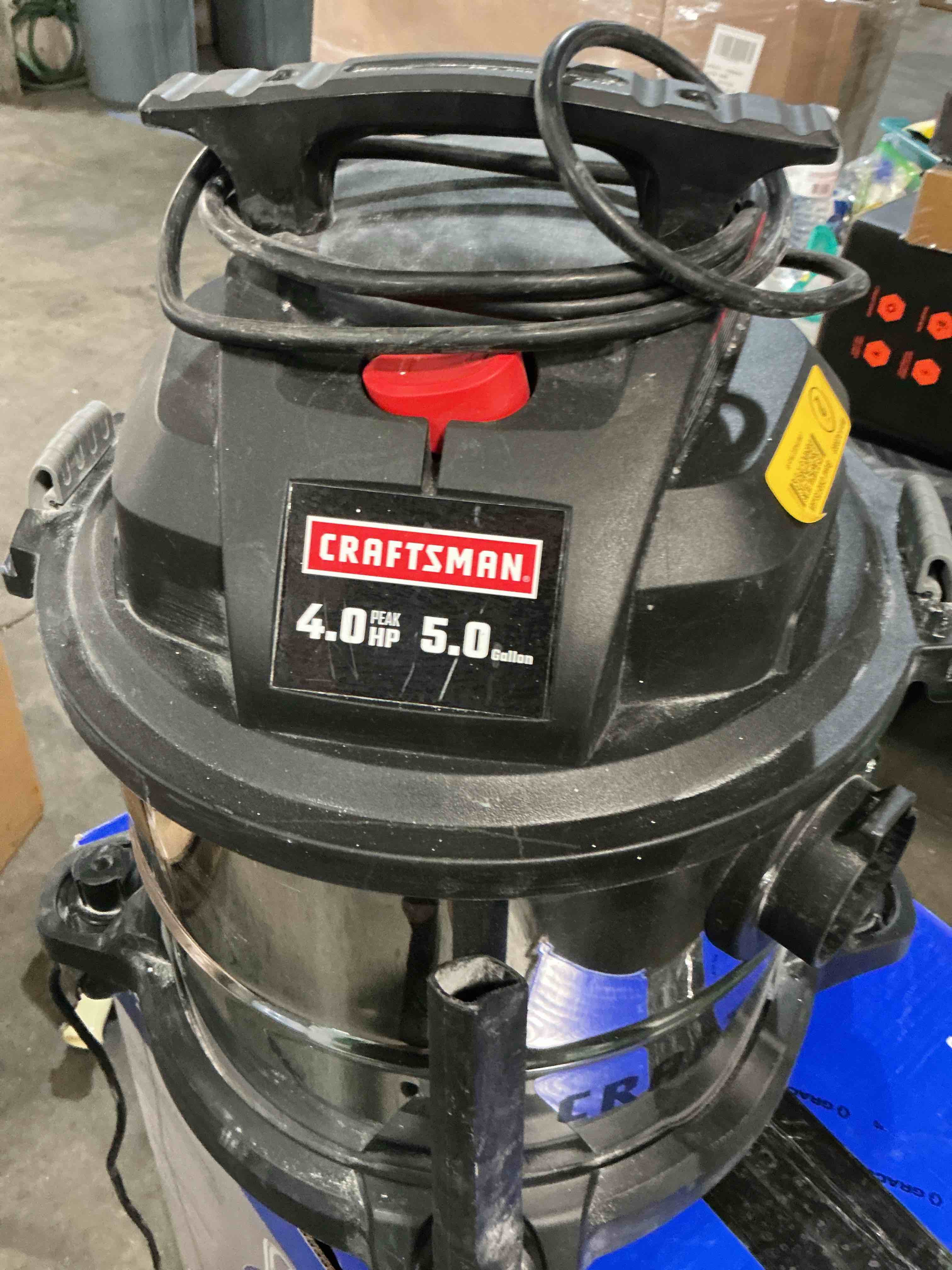 Condition photo showing As Is for craftsman 5-gallon 4 hp corded wet/dry shop vacuum with accessories included