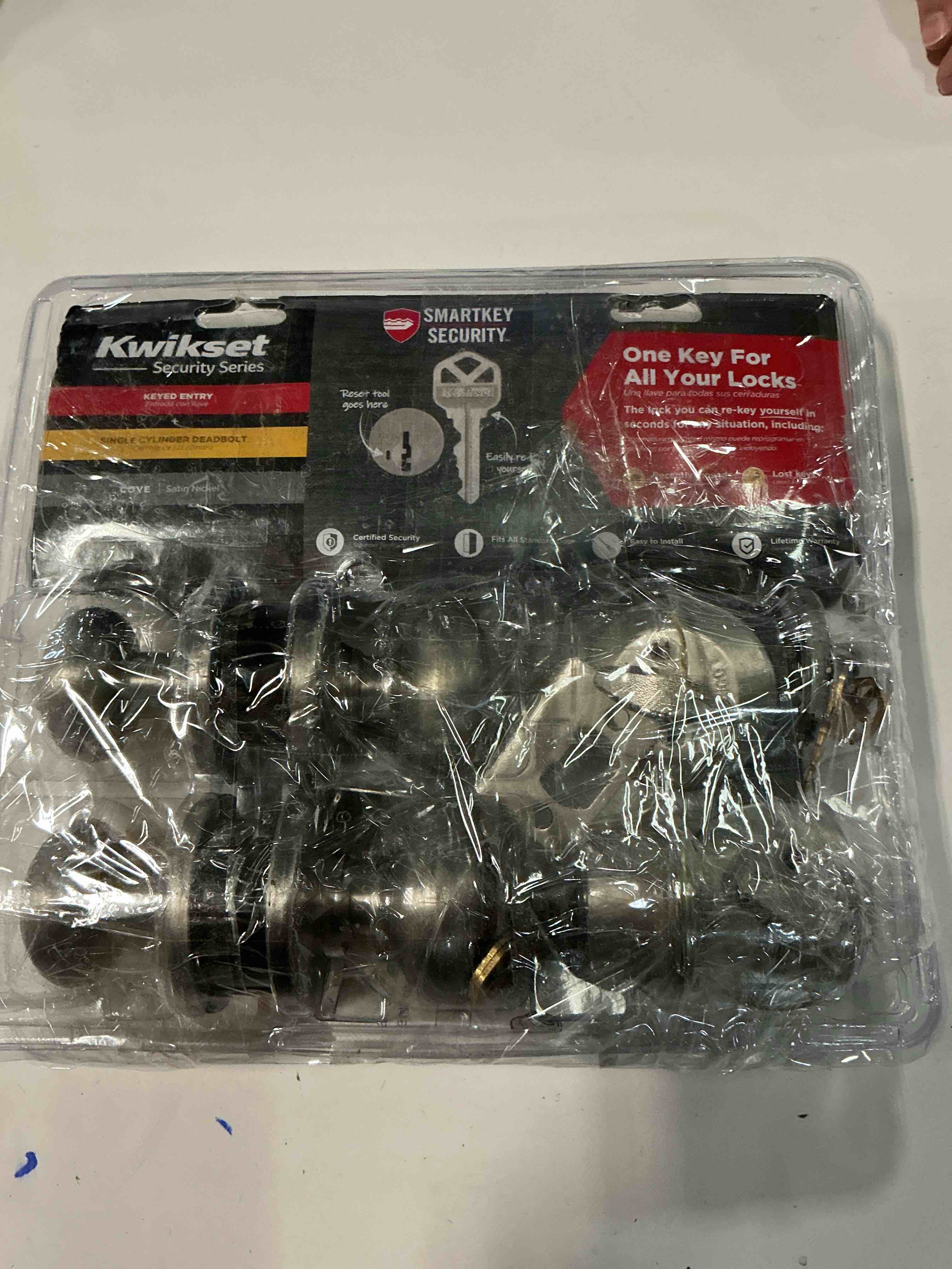 Condition photo showing As Is for kwikset cove satin nickel deadbolt and door knob combo with 