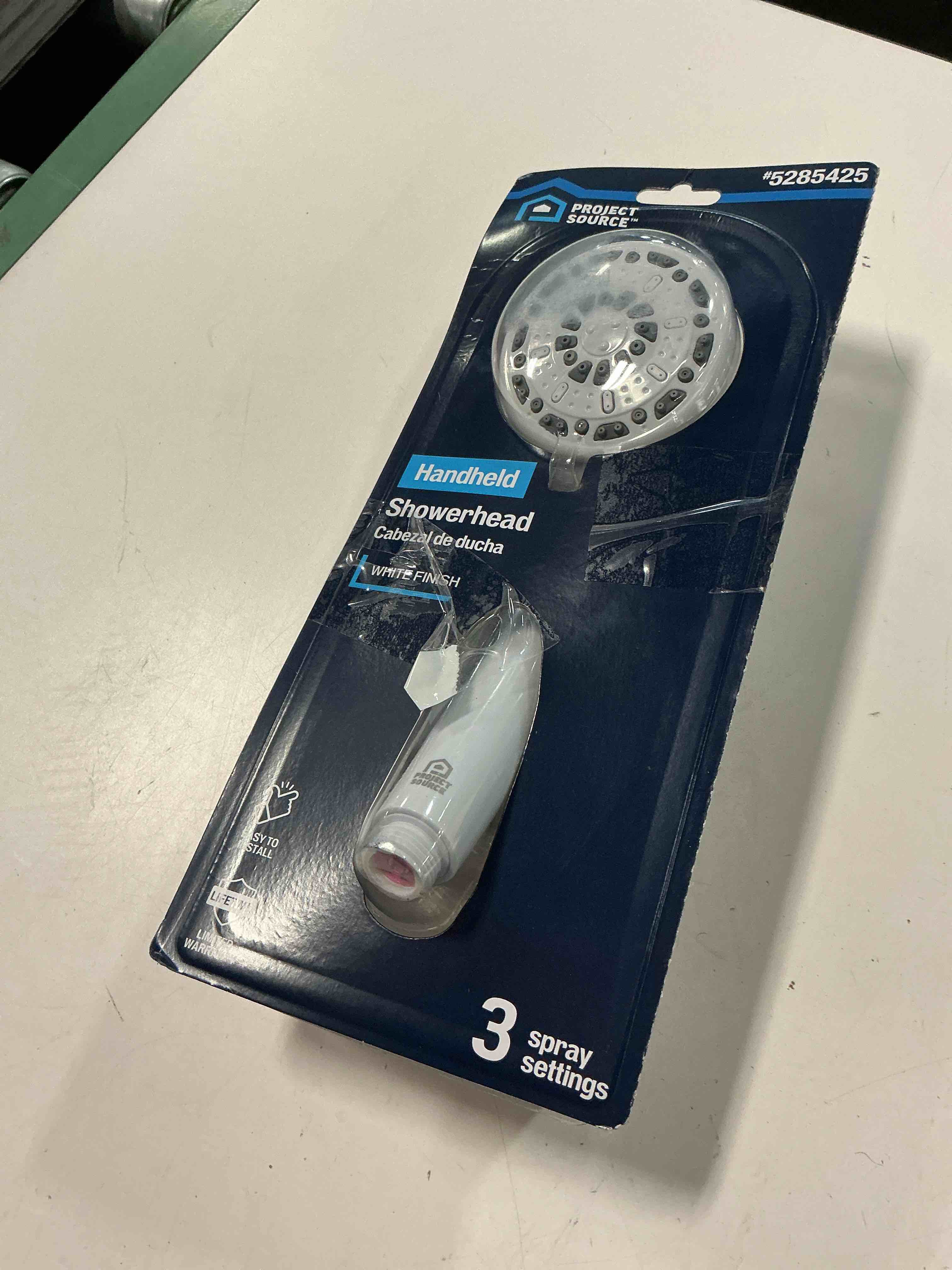 Condition photo showing As Is for project source 3 -spray white 2.5-in round handheld shower head 1.8 gpm