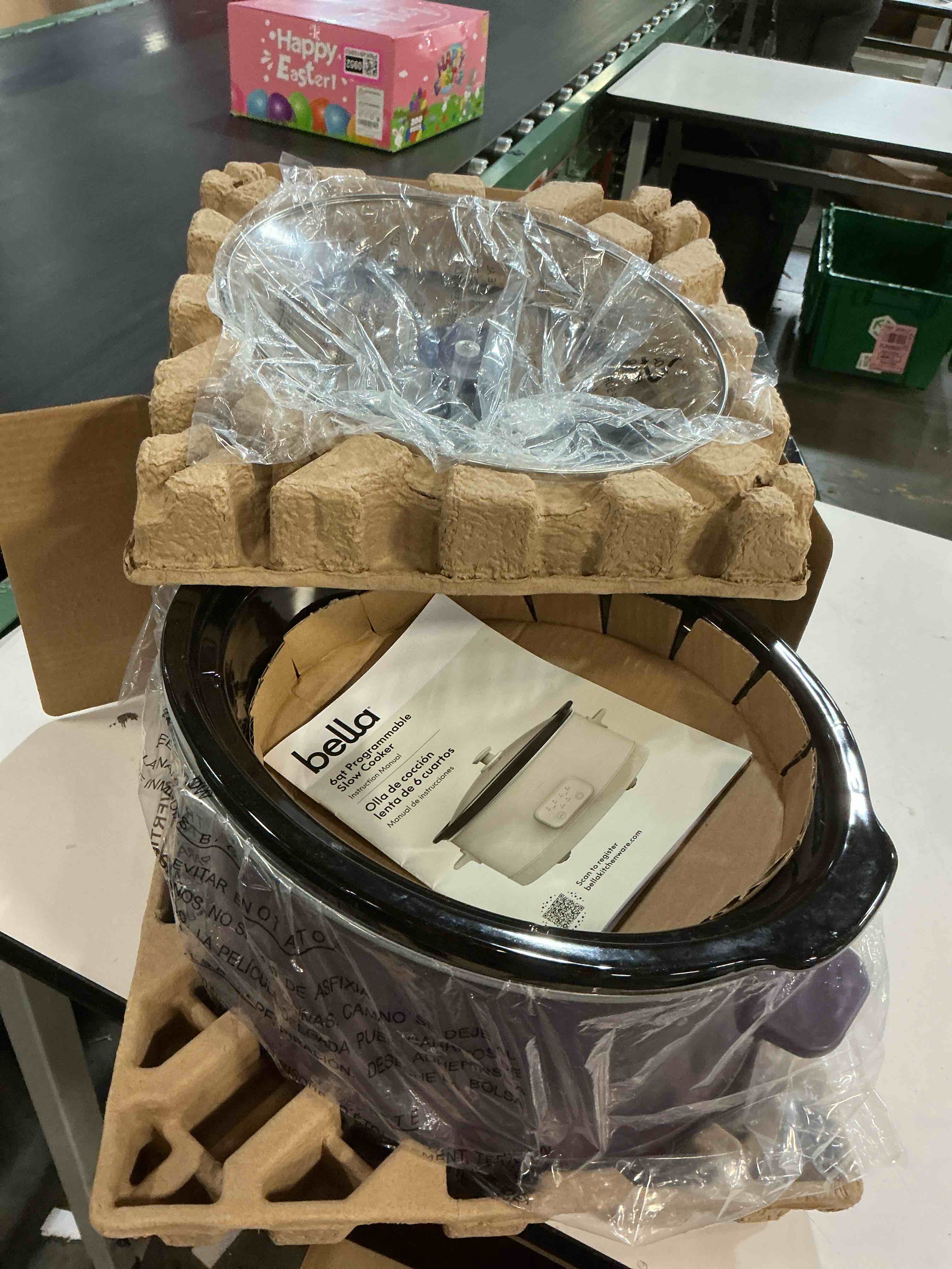 Condition photo showing Good Condition for bella 6.0 qt programmable slow cooker, ceramic nonstick coating, adjustable temperature & cooking times, dishwasher safe stoneware pot & tempered glass lid, tangle free cord wrap, plum