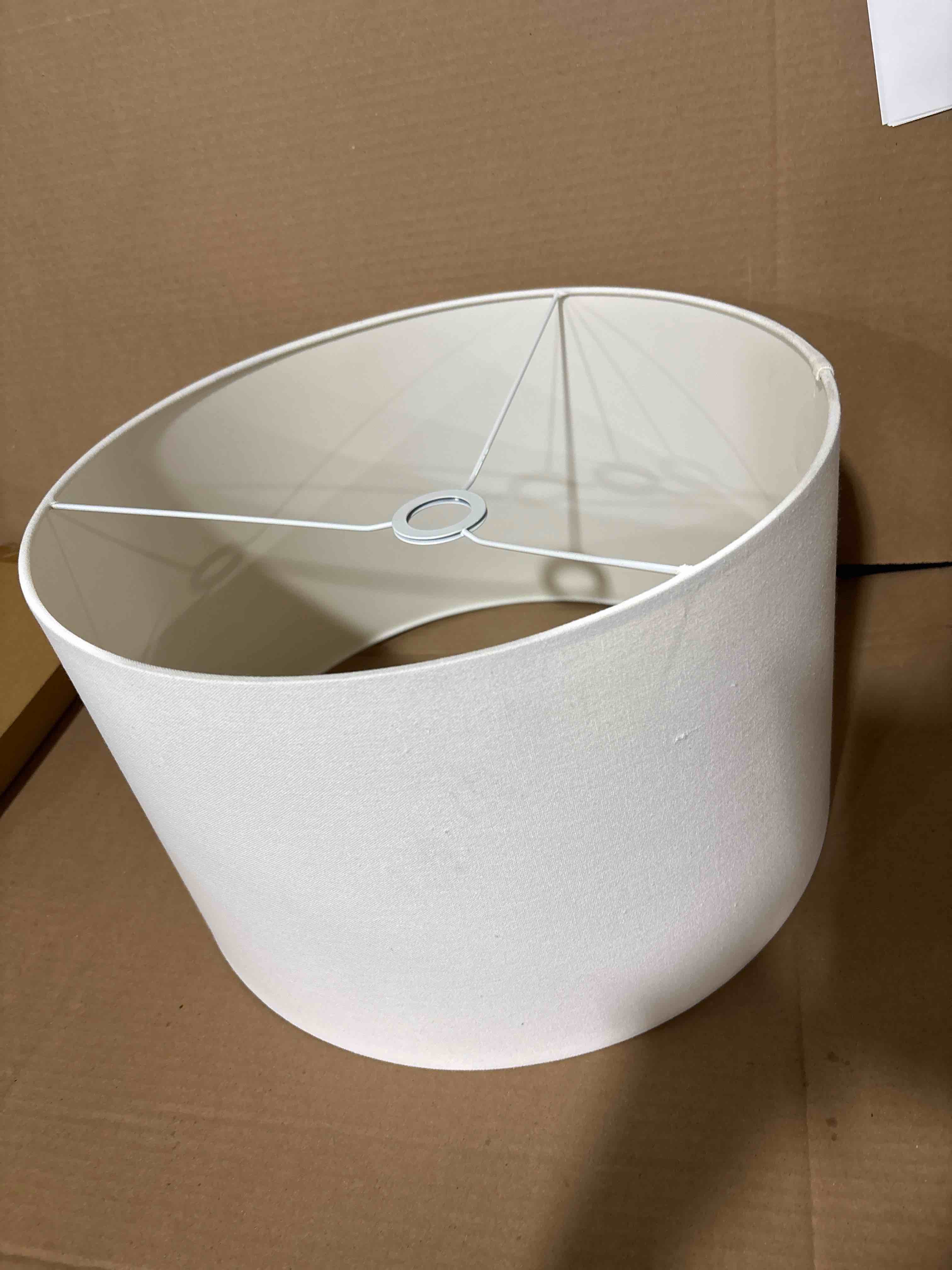 Condition photo showing Good Condition for  sinilar simple designs l interlocked triangular white wood table lamp with white fabric shade