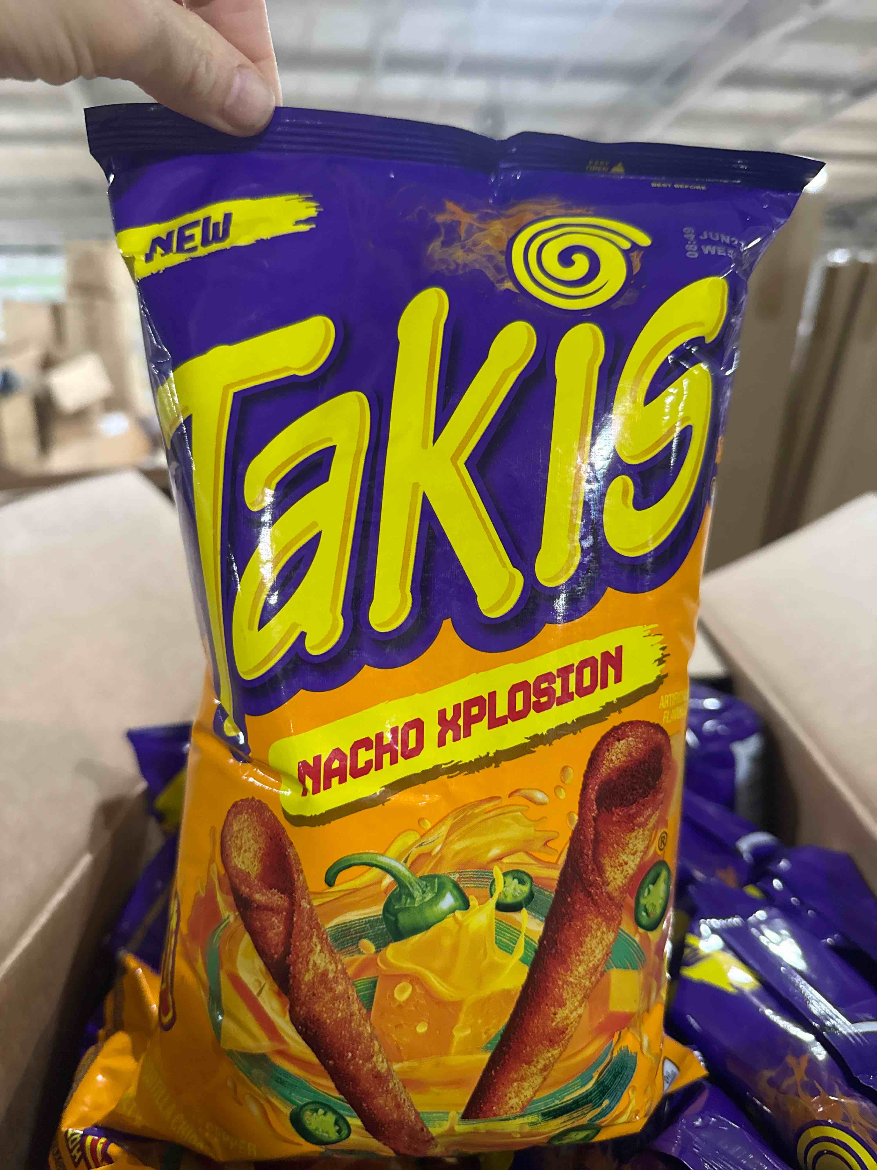 Condition photo showing Brand New for case of 14 bb june 25 taki’s nacho explosion 9.9 ounce bag