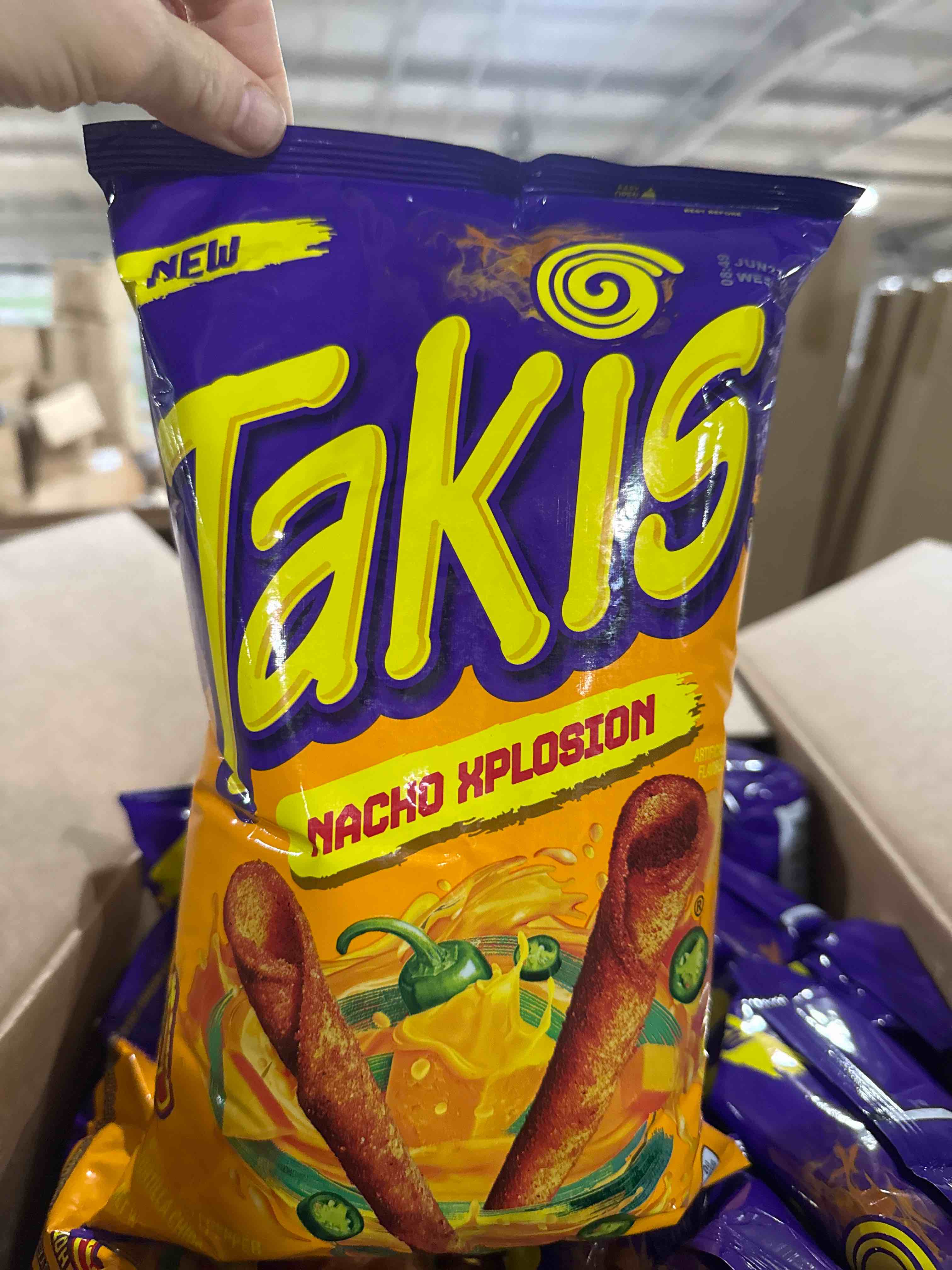 case of 14 bb june 25 taki’s nacho explosion 9.9 ounce bag