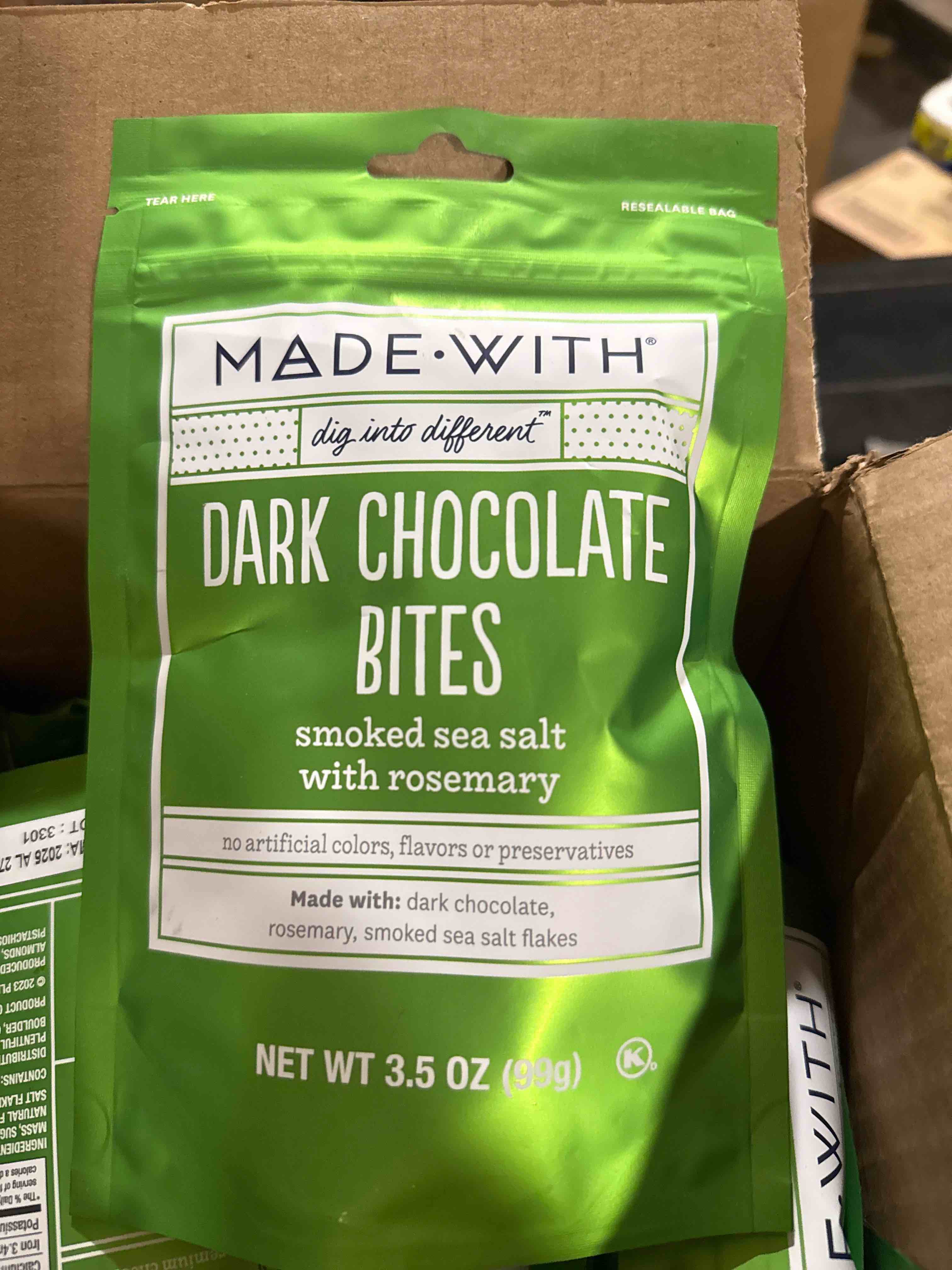 Condition photo showing Brand New for case of 10 bb2025 made with dark chocolate bite smoked sea salt with rosemary 3.5 ounce bag