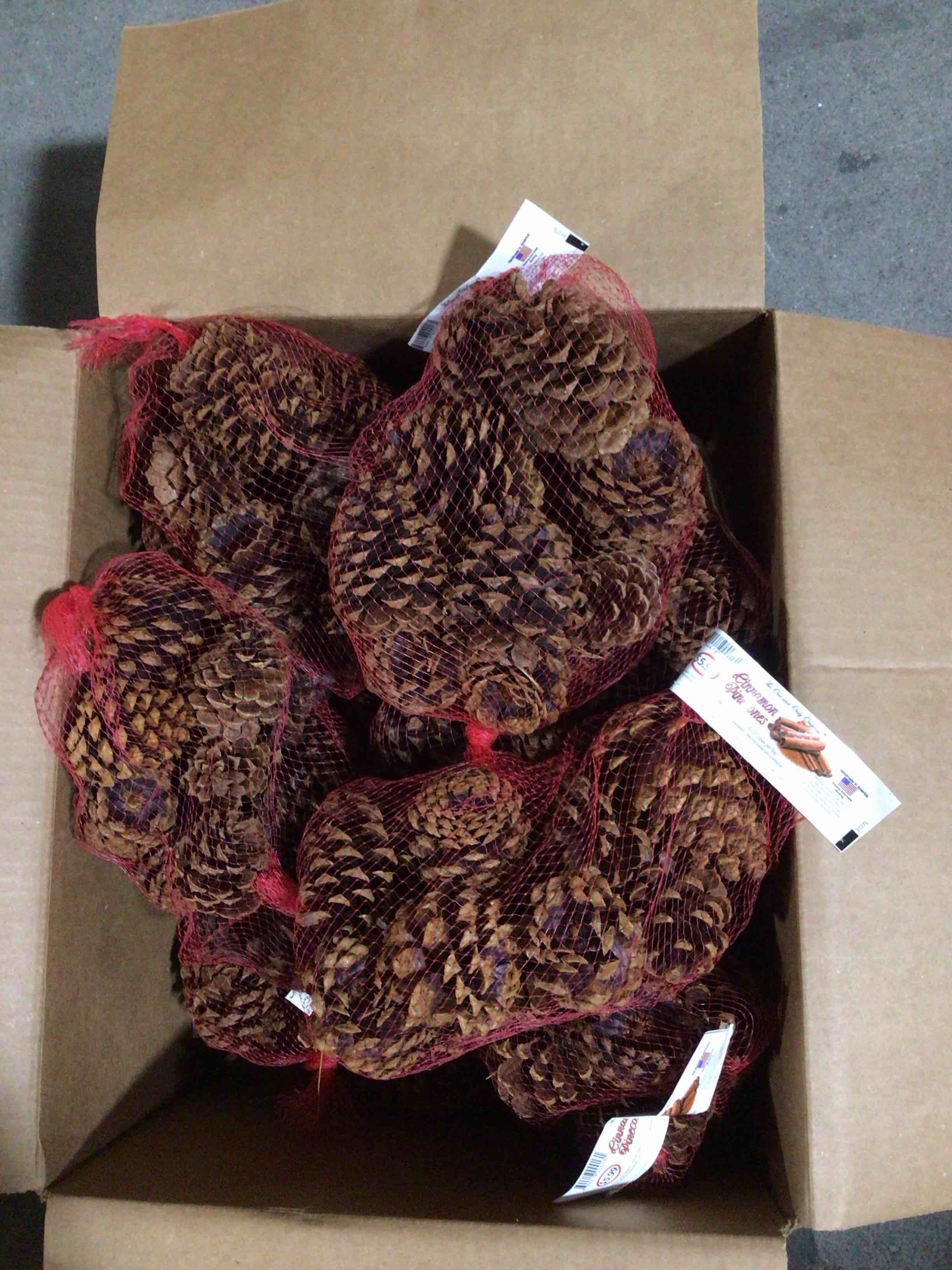 Condition photo showing Brand New for group lot of 12 bags cinnamon scented pinecones