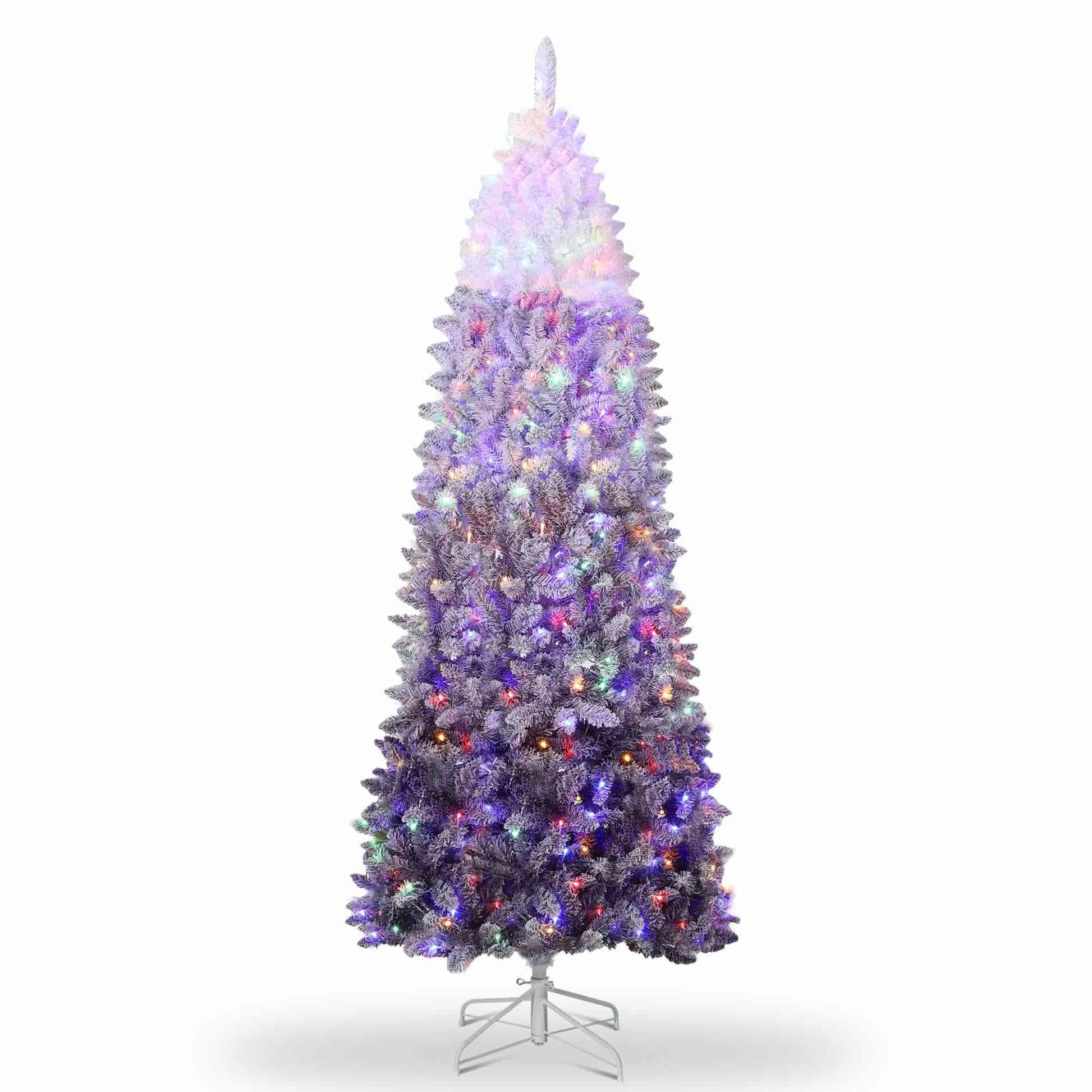 Garvee 7.5FT Pencil Christmas Tree Prelit, Purple Gradient Snow Flocked Holiday Decoration Xmas Tree with 300 Dual Color LED Lights & 820 Branch Tips, Includes Metal Stand