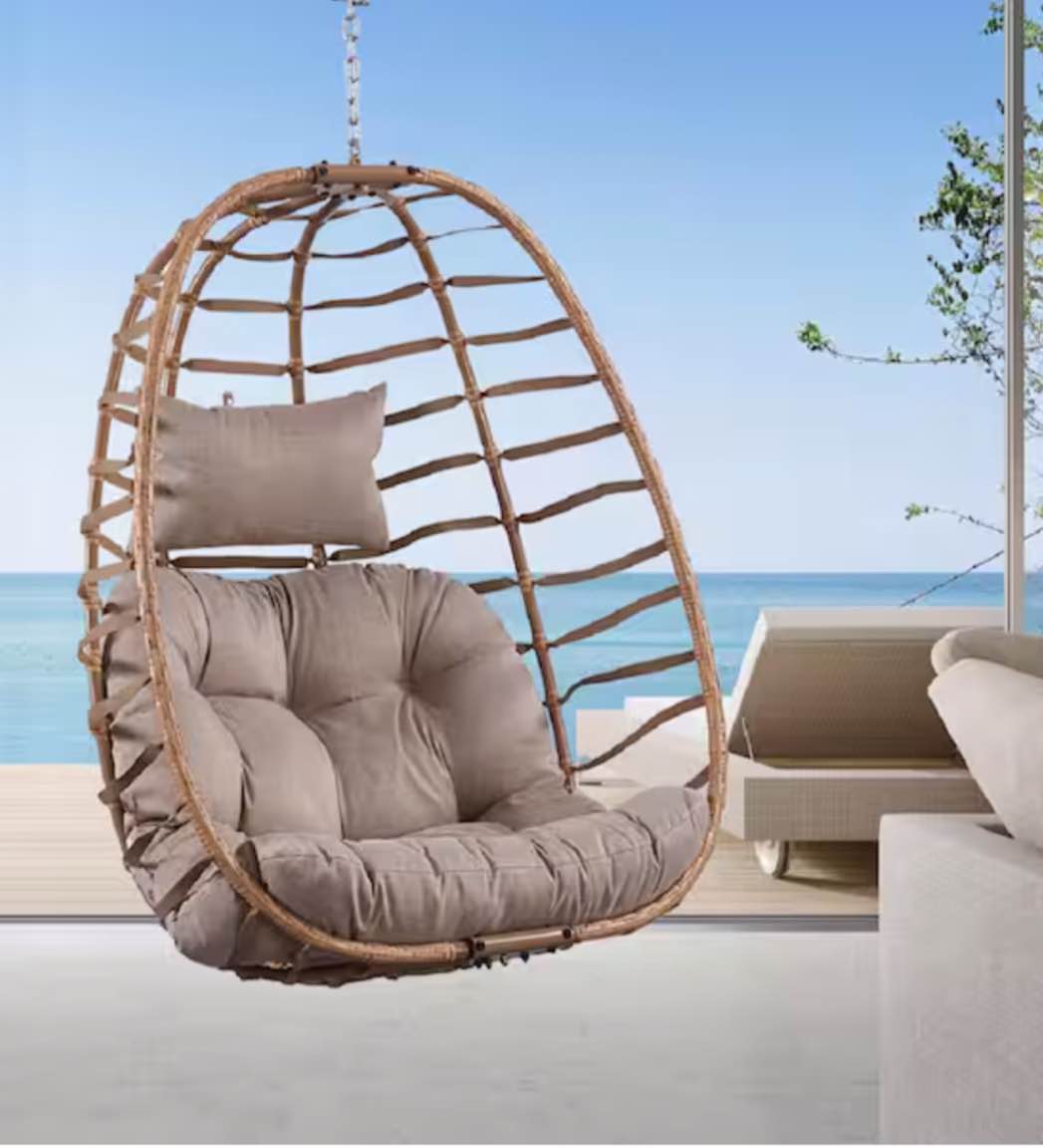 SS028-1 Belize 1 Person Beige Wicker Porch Swing with Taupe Cushion