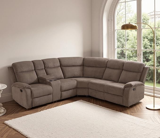 (incomplete only 1 pcs ))(color brown)Fabric Recliner Sectional Sofa Set for Living Room Furniture Set, 6-Seat L-Shaped Corner Couch with Hidden Table/Storage Console/Cup Holders,Corduroy Sofa Set with 2 Reclining Seats(Brown)